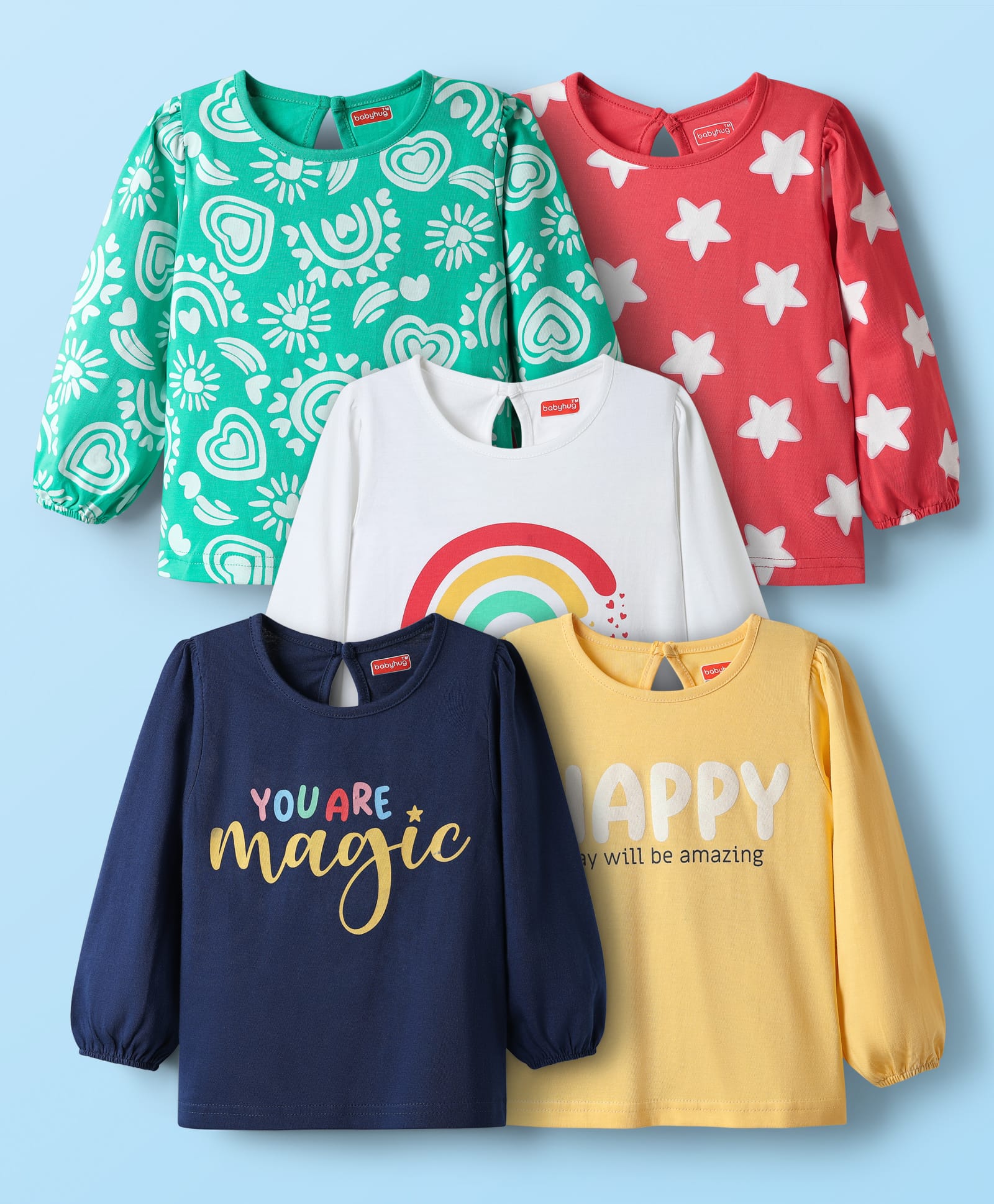 Babyhug 100% Cotton Knit Full Sleeves T-Shirt with Star & You Are Magic Text Print Pack of 5 - Light Green & Navy Blue-image-47