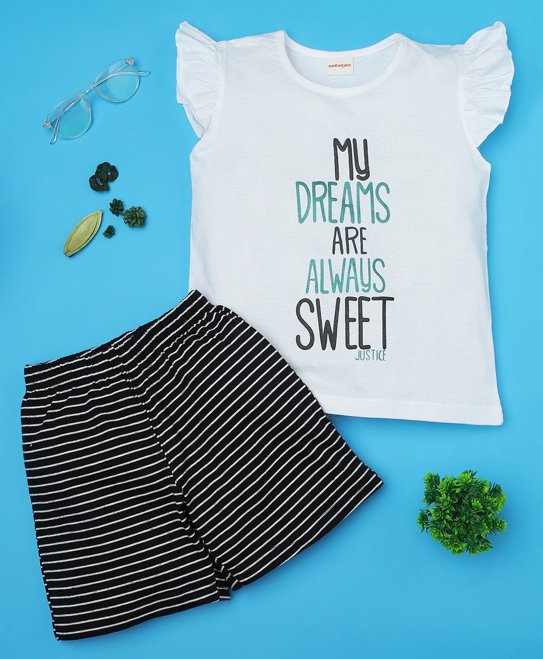 RAINE AND JAINE Cotton Knit Frill Sleeves My Dreams Are Always Sweet Justice Text Printed Night Suit Set - White & Black-picture-16