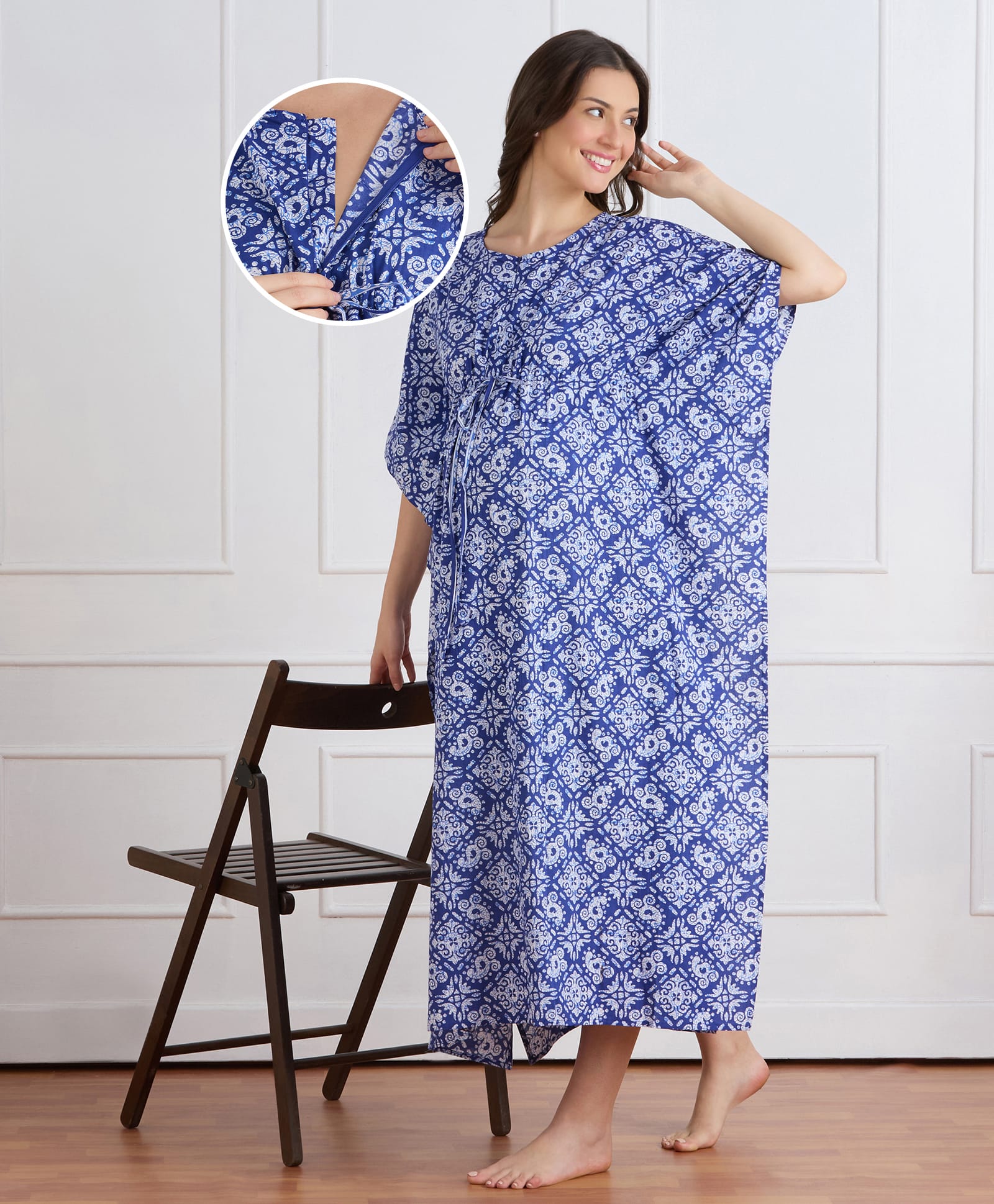 Bella Mama Cotton Woven Half Sleeves Maternity Nursing Kaftan Style Nighty with Floral Print - Blue-picture-35