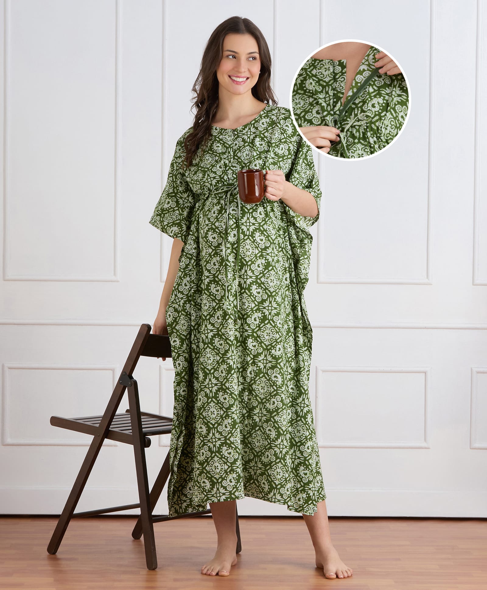 Bella Mama Cotton Woven Half Sleeves Maternity Nursing Kaftan Style Nighty with Floral Print - Green-picture-35