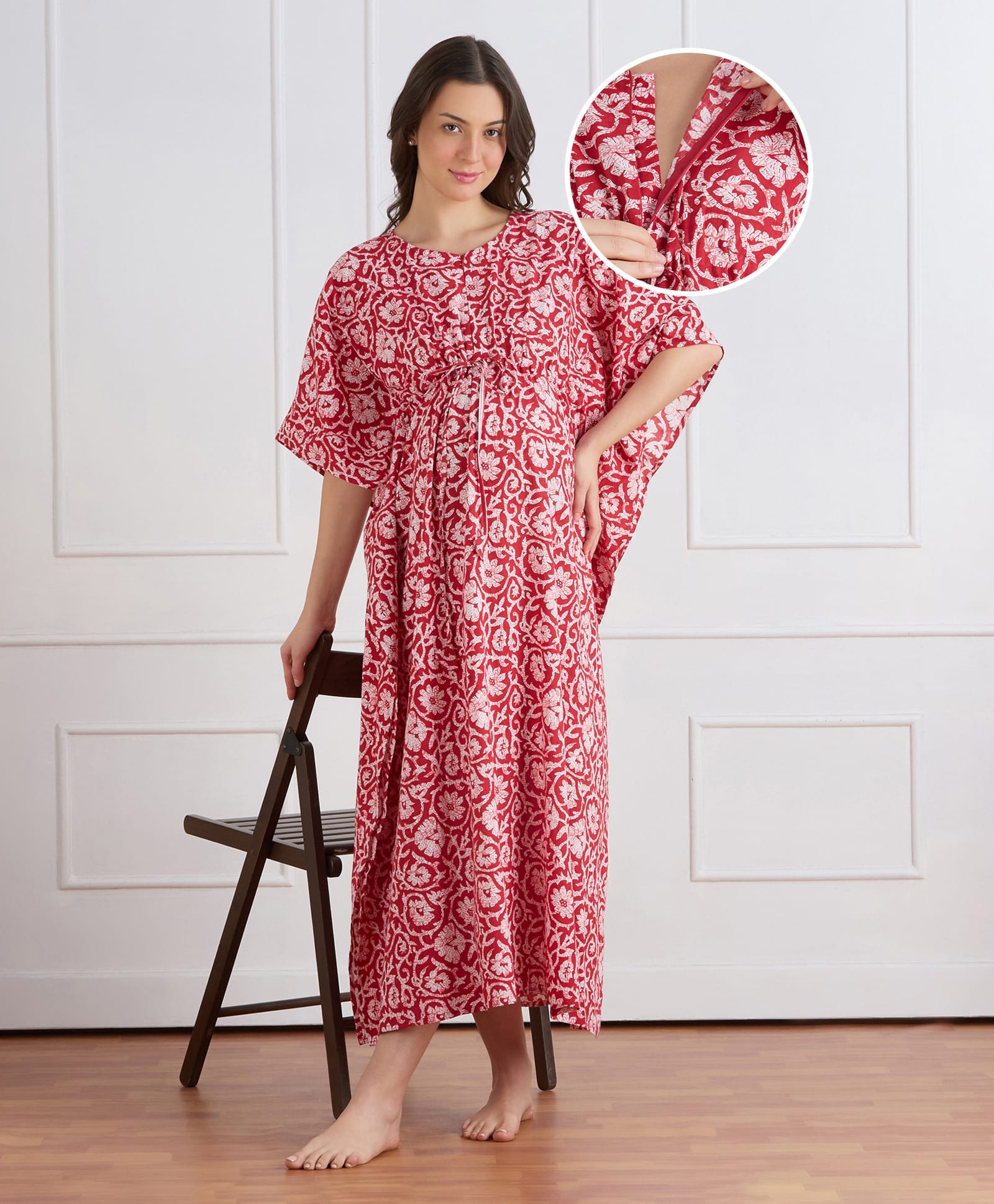 Bella Mama Cotton Woven Half Sleeves Maternity Nursing Kaftan Style Nighty with Floral Print - Red-picture-25