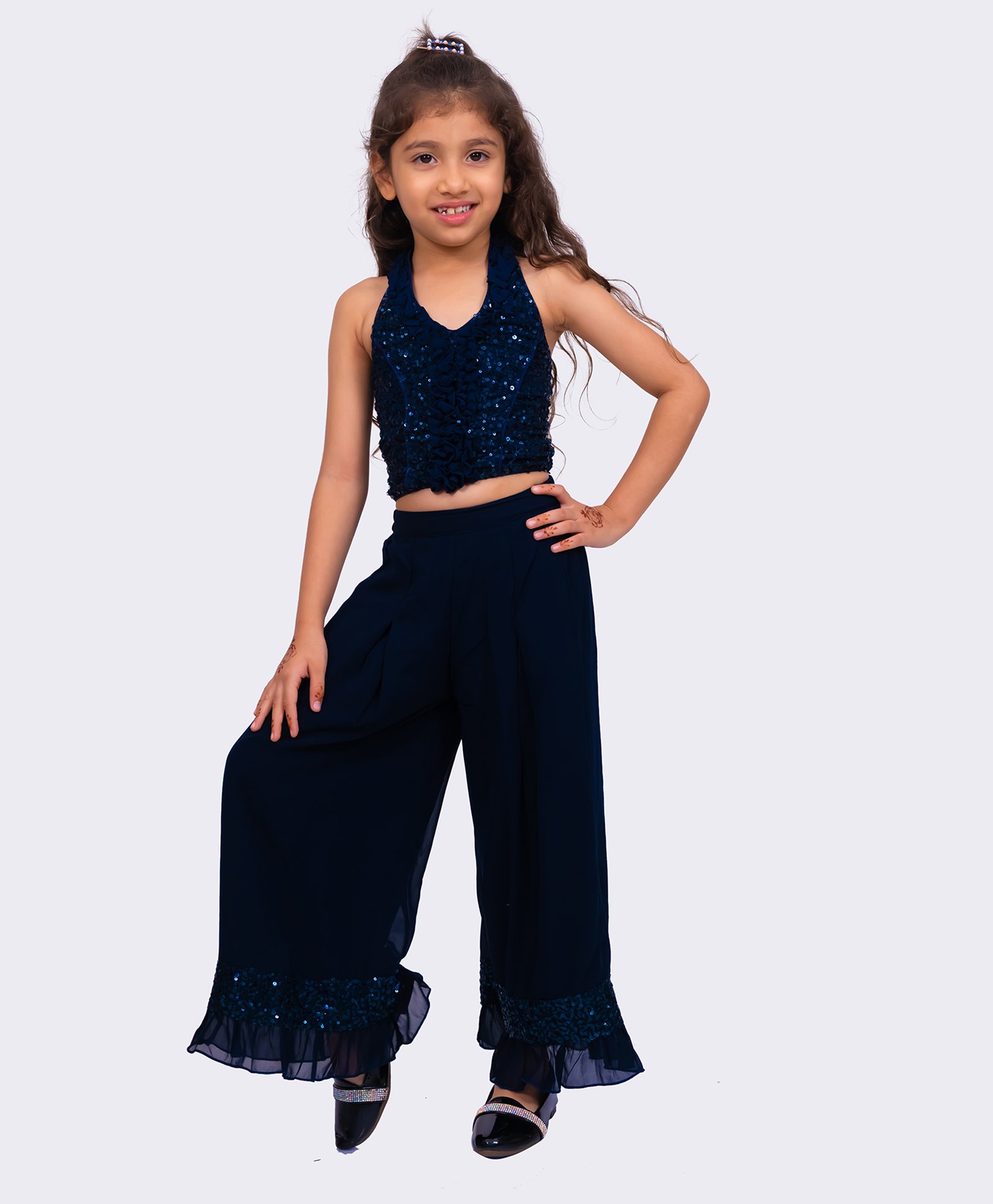 Twisha Woven Sleeveless Sequins Embellished Top & Palazzo Set - Navy Blue-image-48