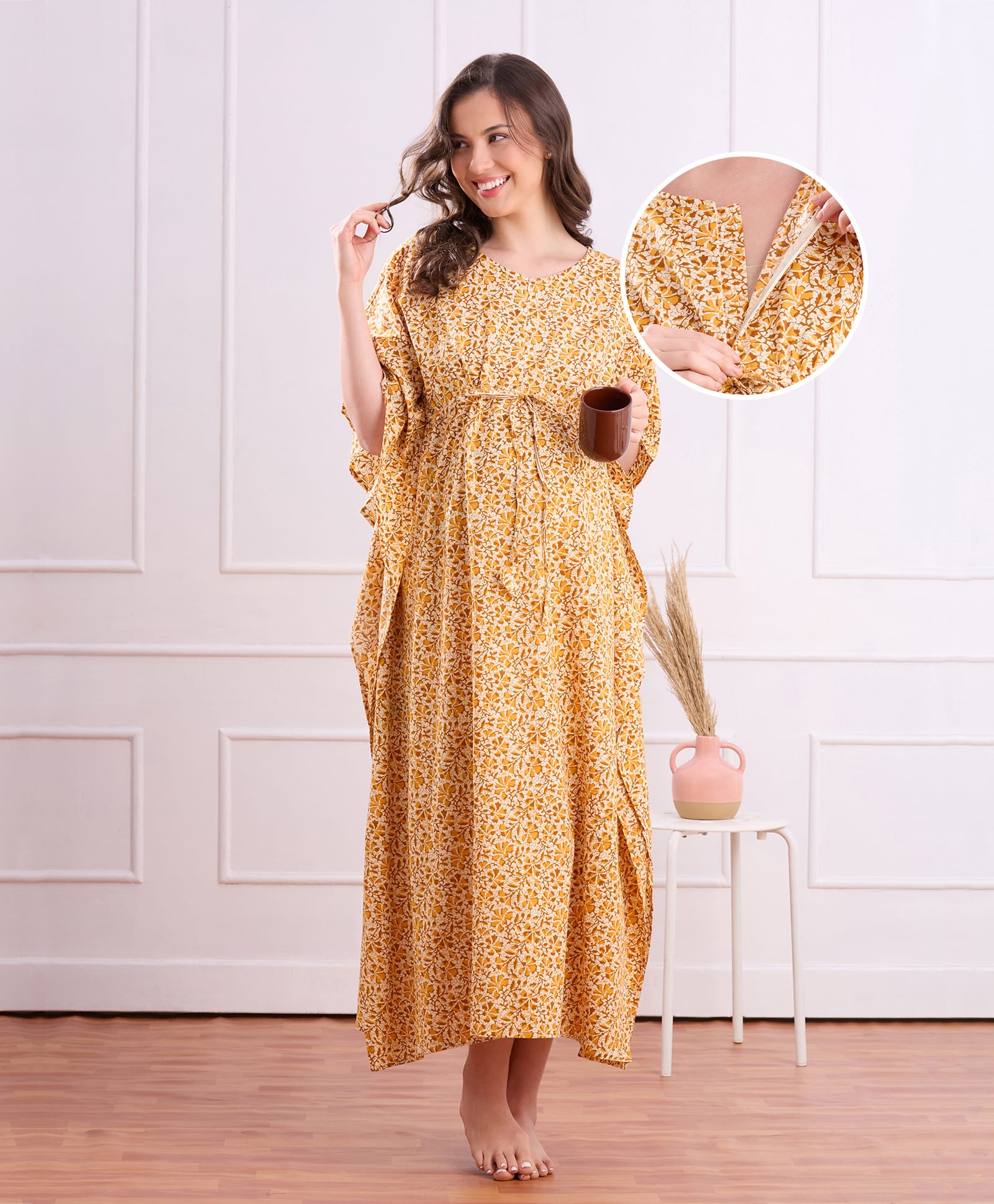 Bella Mama Cotton Woven Half Sleeves Maternity Nursing Kaftan - Mustard