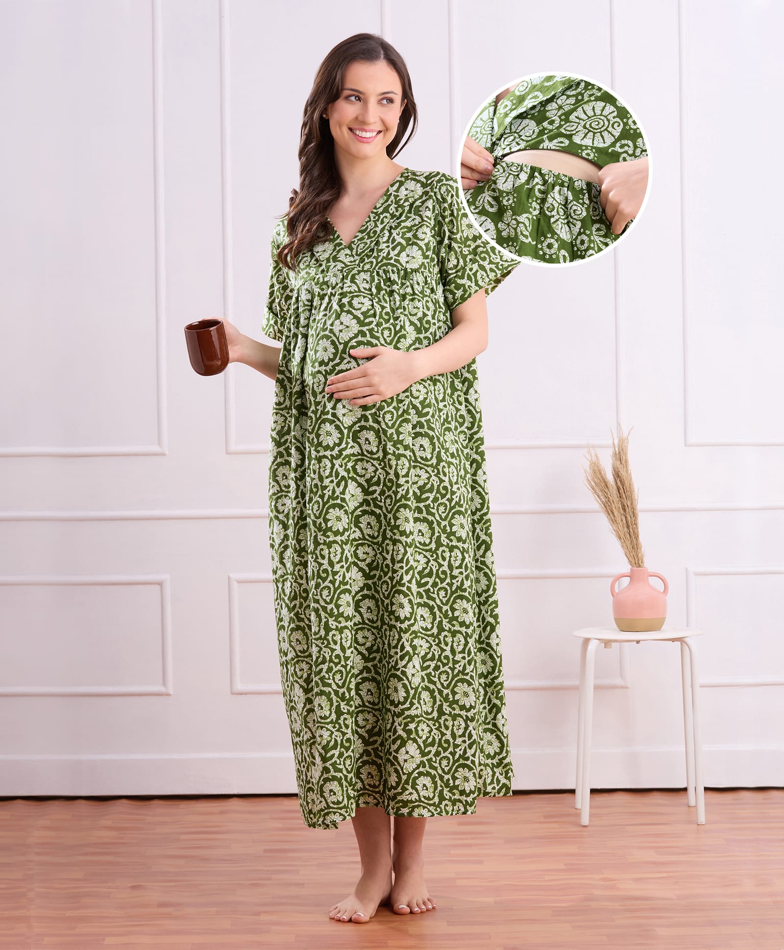Bella Mama Cotton Woven Half Sleeves Maternity Nighty with Floral Print - Green-image-19