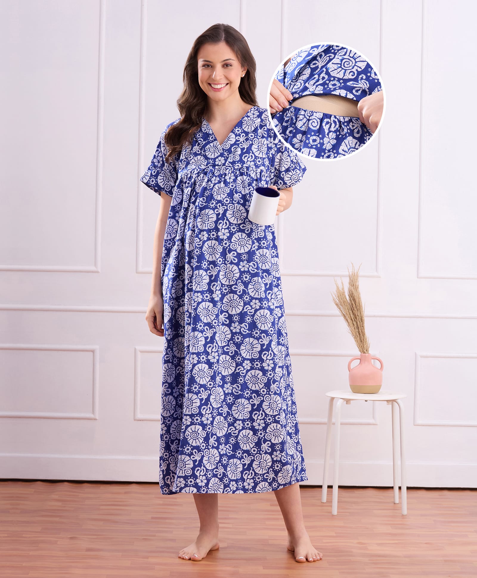 Bella Mama Cotton Woven Half Sleeves Maternity Nighty with Floral Print - Blue