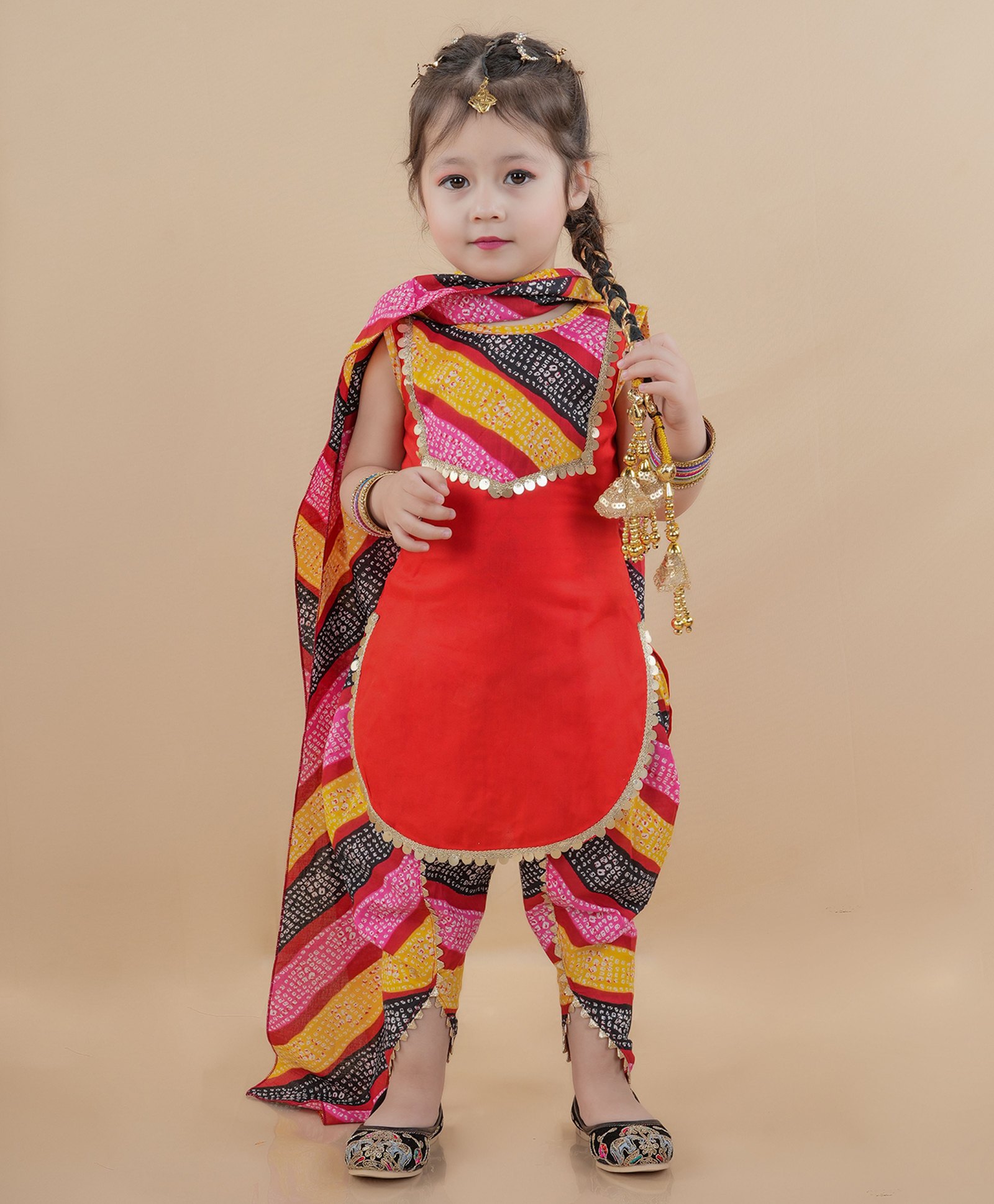 Titrit Cotton Woven Sleeveless Bandhani Designed Gota Lace Embellished Kurta Dhoti With Dupatta Set - Red