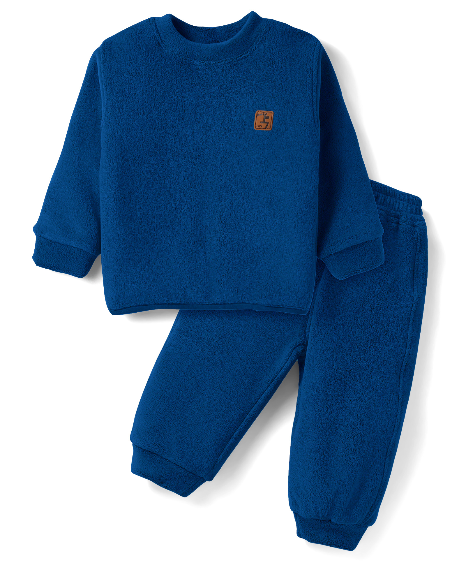 Little Kangaroos Fleece Knit Full Sleeves Winter Wear Solid Sweatshirt & Lounge Pant Co-Ord Set - Blue-image-26