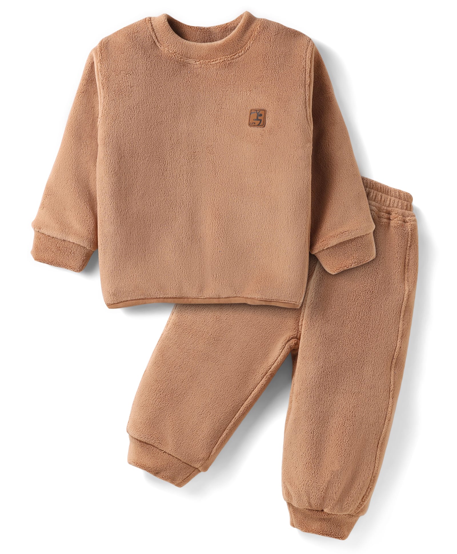 Little Kangaroos Fleece Knit Full Sleeves Winter Wear Solid Sweatshirt & Lounge Pant Co-Ord Set - Khaki-image-27