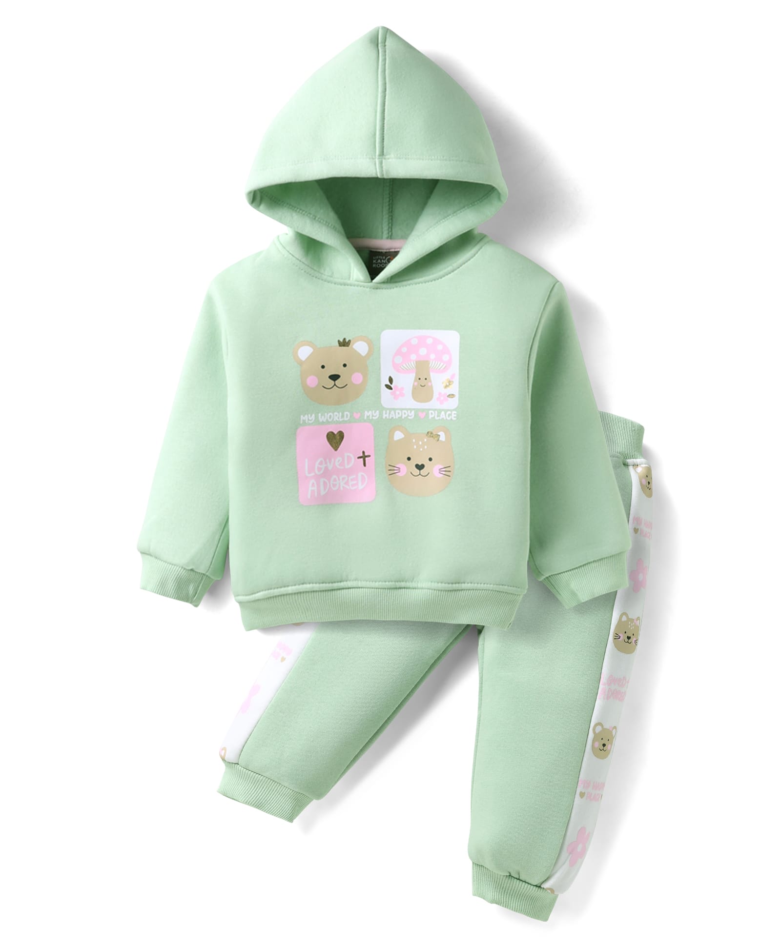 Little Kangaroos Fleece Knit Full Sleeves Winter Wear Hooded Sweatshirt & Lounge Pant Set With Animal Print - Sea Green-image-48