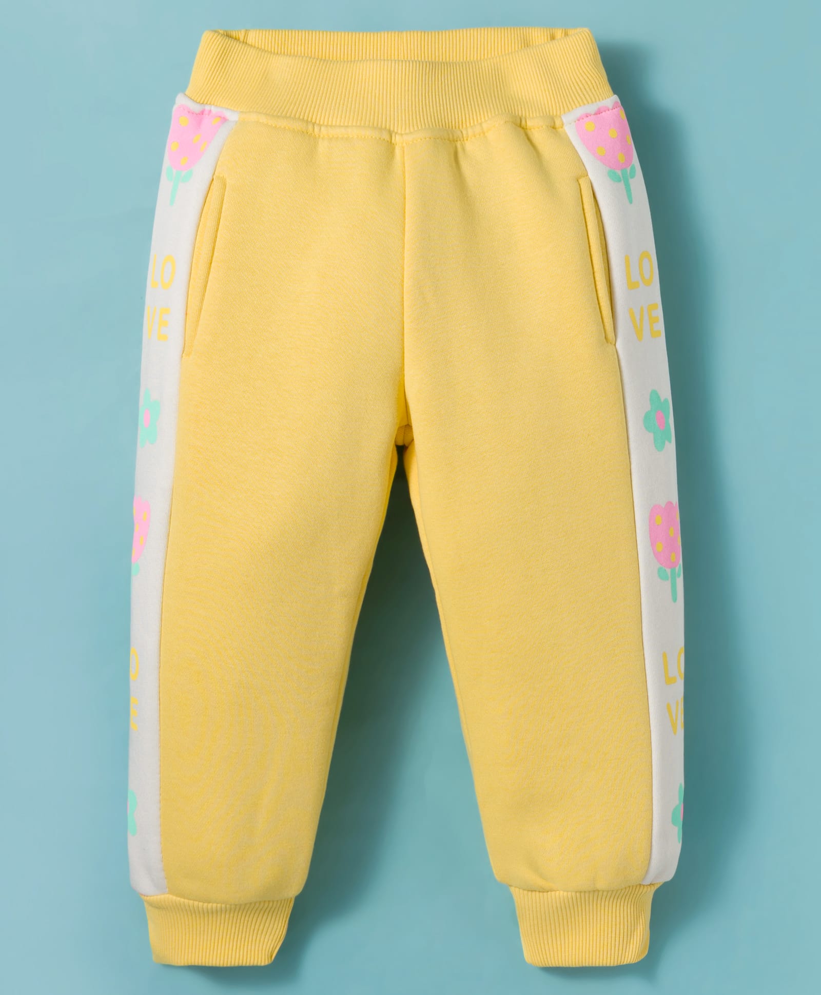 Little Kangaroos Fleece & Wollen Knit Full Length Cut & Sew Bottom Wear With Floral Print - Yellow & White-picture-11