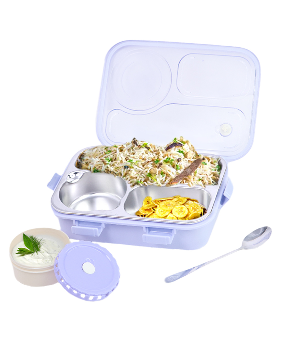Attro Lunch Pro Deluxe 3 Compartment Steel Lunch Box with Small Container and Spoon 750 ml - Purple-picture-49