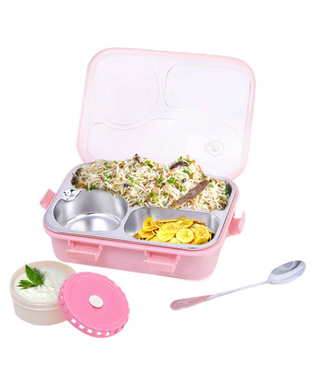 Attro Lunch Pro Deluxe 3 Compartment Steel Lunch Box with Small Container and Spoon 750 ml - Pink-picture-48
