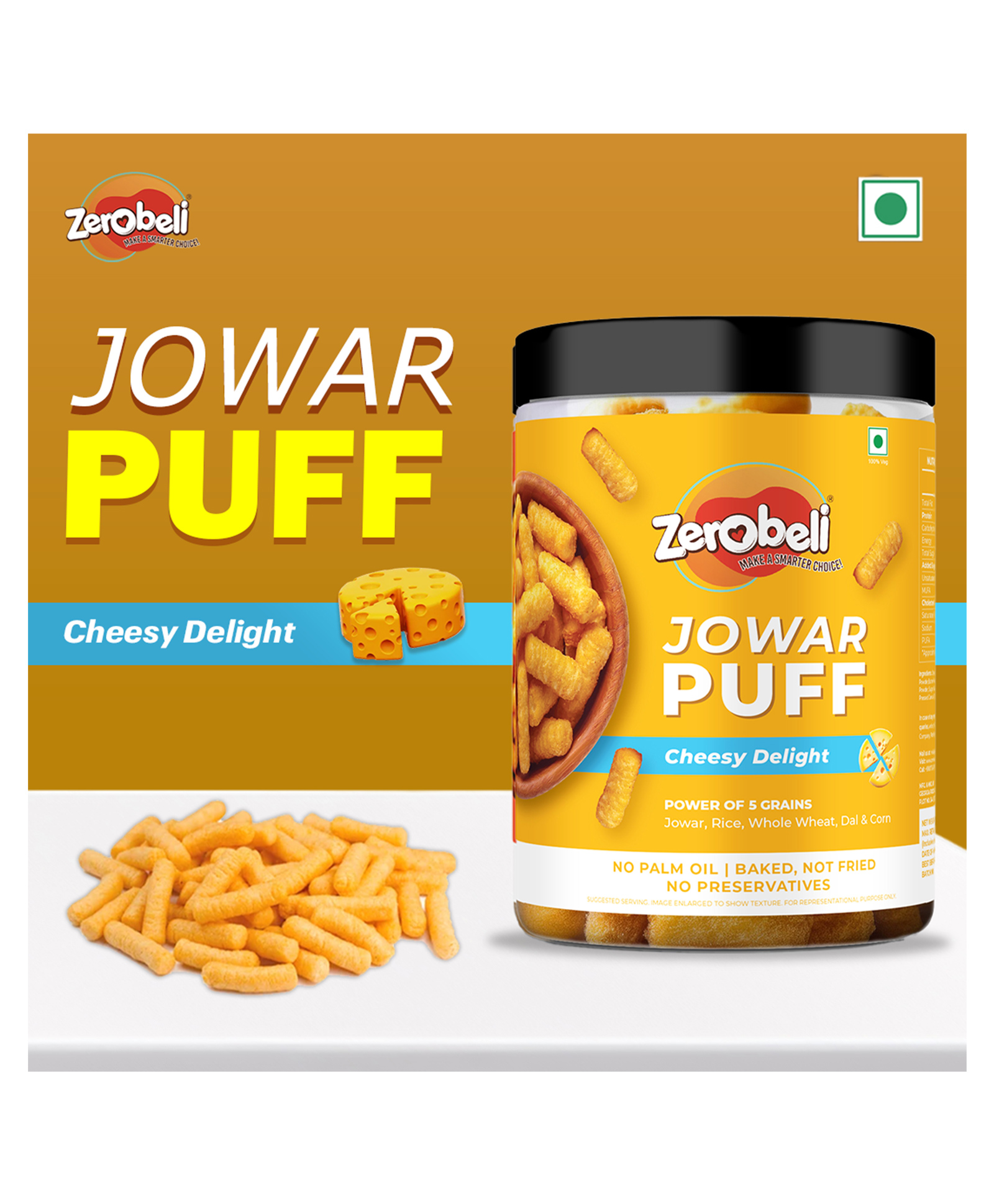 Zerobeli Cheesy Delight Jowar Puffs |Goodness of 5 grains | Healthy Snacks - 75g (Pack of 2)-image-4