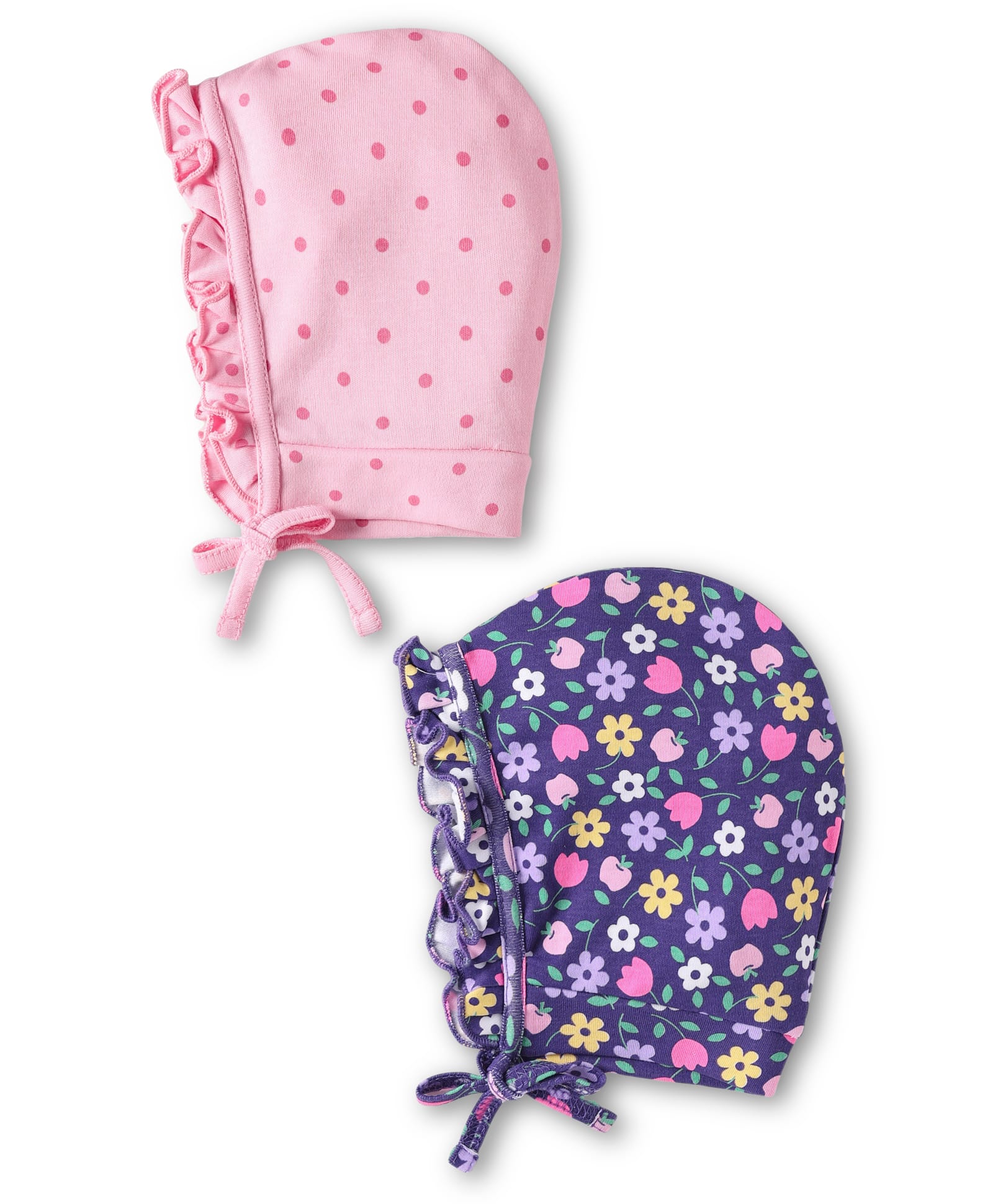 Babyhug 100% Cotton Knit Floral & Polka Dot Printed Caps Pack of 2 Navy Blue & Pink - Diameter 10 cm-image-5