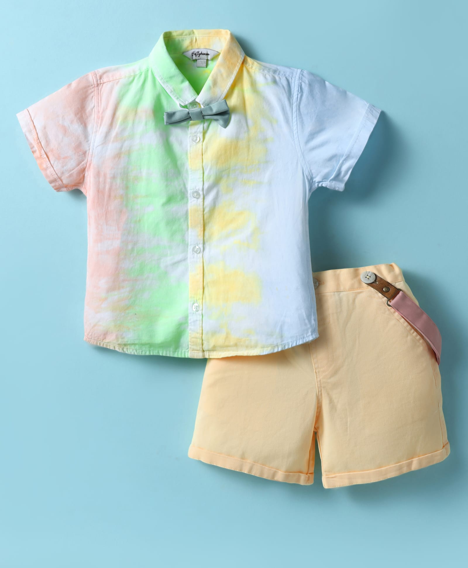ToffyHouse Poplin Woven Half Sleeves Tie & Dye Printed Shirt & Shorts With Bow & Suspender - Multicolor-picture-11
