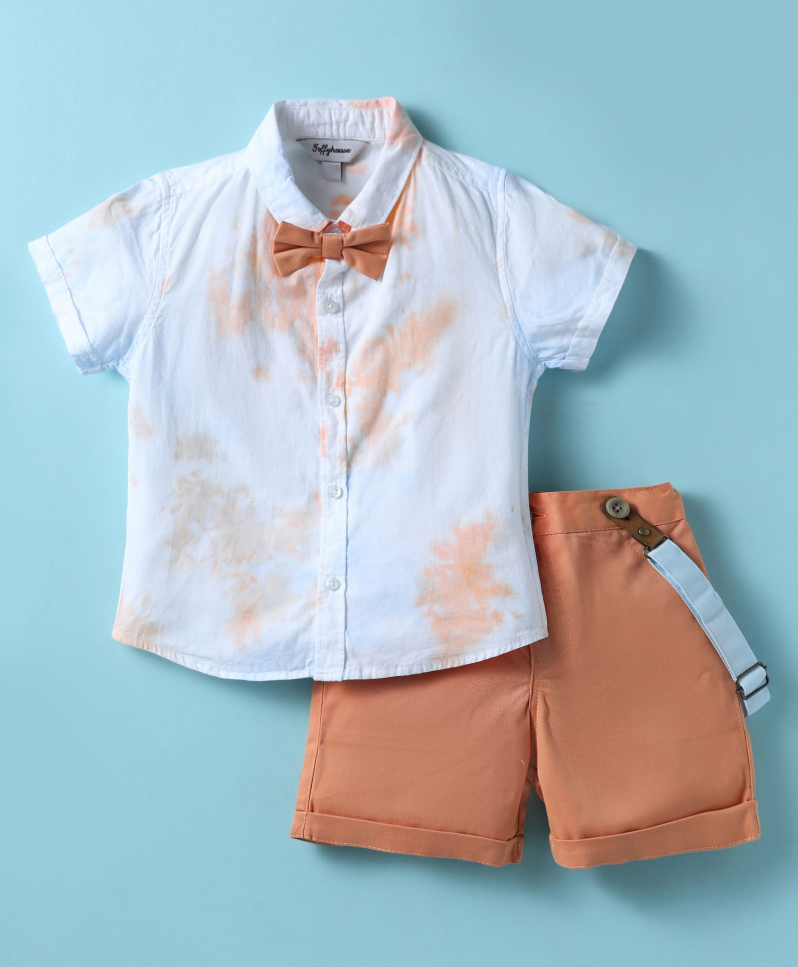 ToffyHouse Poplin Woven Half Sleeves Shirt & Shorts With Bow & Suspender - White & Rust Orange-picture-21