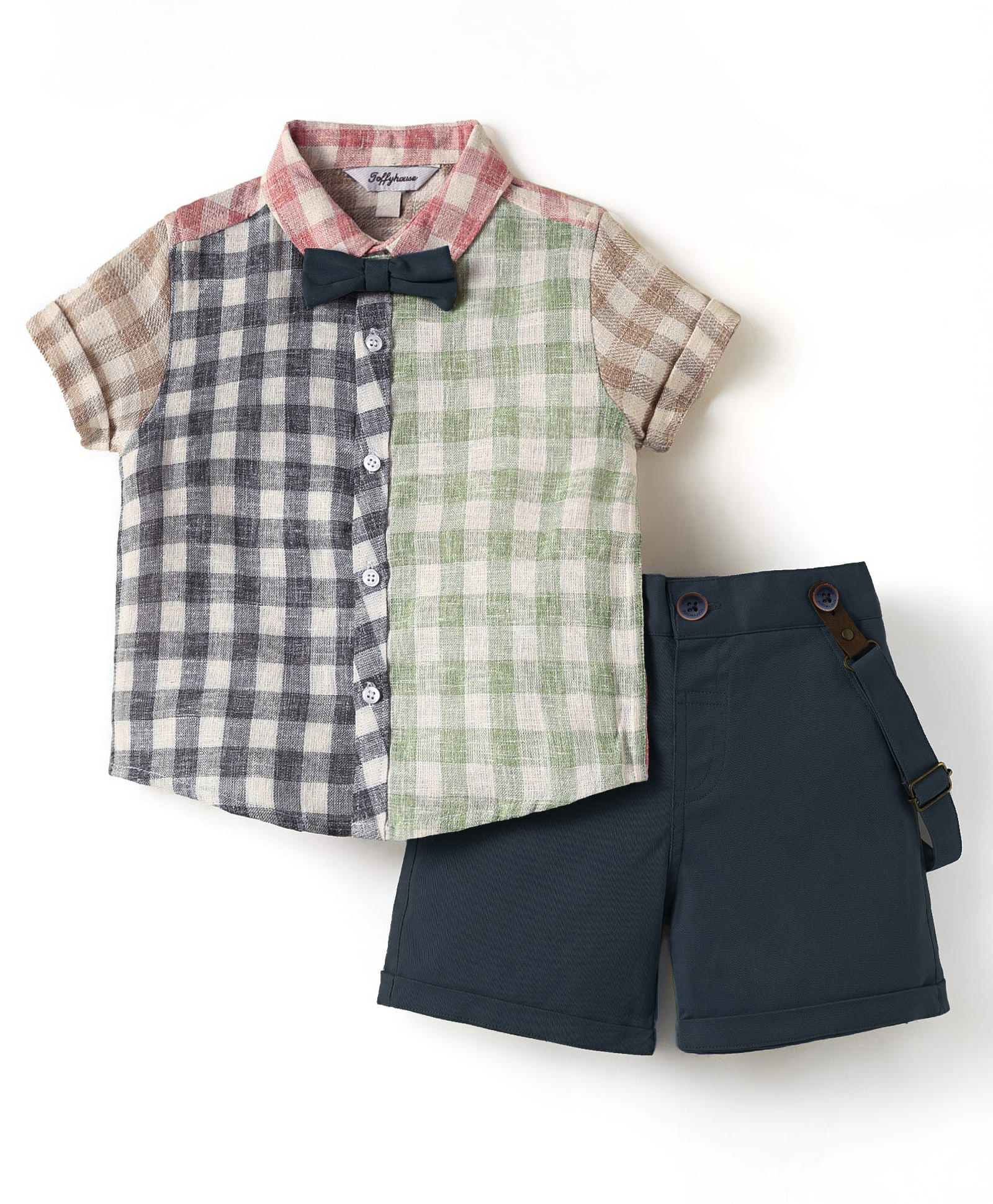 ToffyHouse Poplin Woven Half Sleeves Checekered Shirt & Shorts Set with Bow & Suspender - Grey & Light Green-picture-18