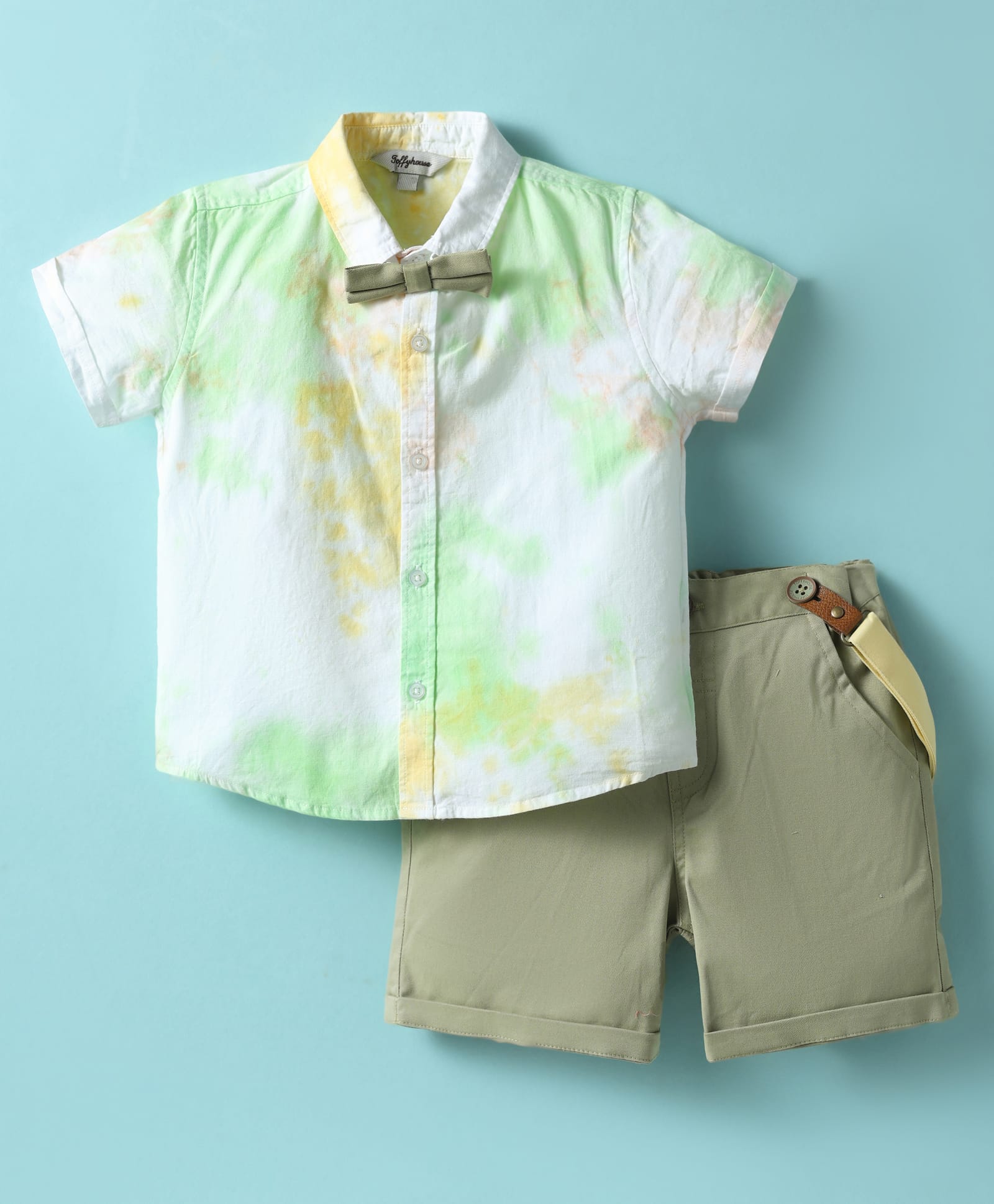 ToffyHouse Poplin Woven Half Sleeves Tie & Dye Printed Shirt & Shorts With Bow & Suspender - White & Olive Green-image-18