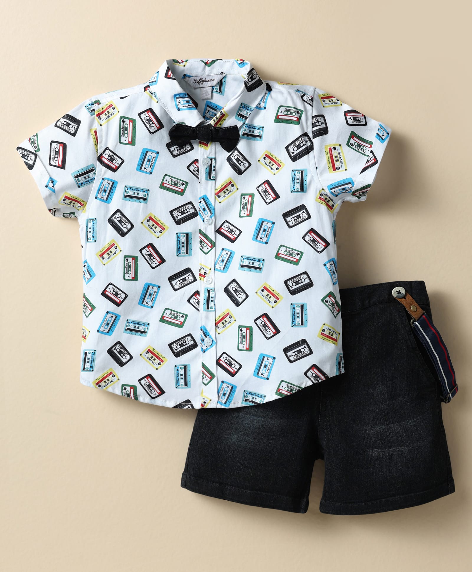 ToffyHouse Poplin Woven Half Sleeves Cassette Printed Shirt & Shorts With Bow & Suspender - White & Navy Blue-image-34