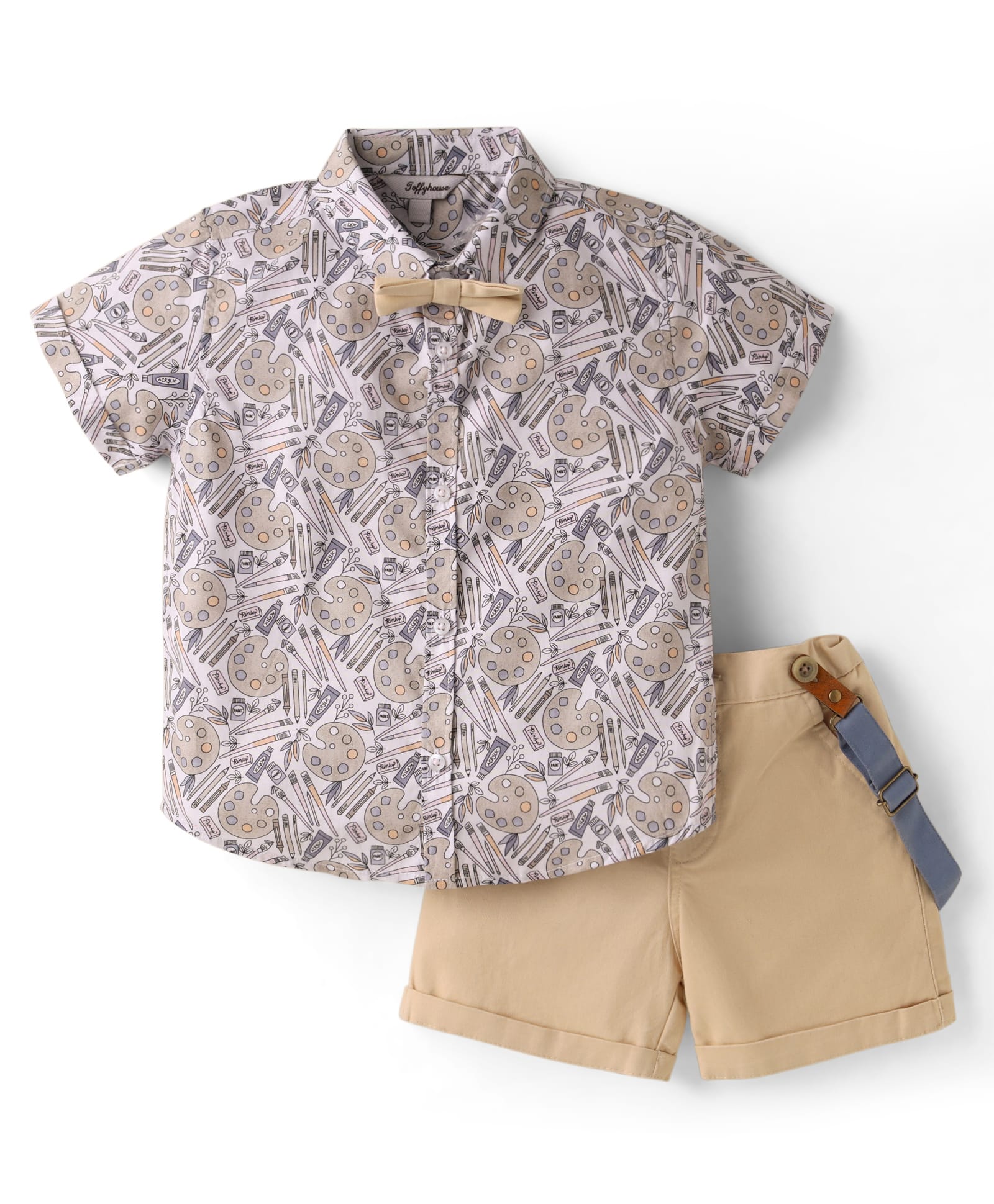ToffyHouse Poplin Woven Half Sleeves Stationary Printed Shirt & Shorts Set with Bow & Suspender - Beige-picture-26