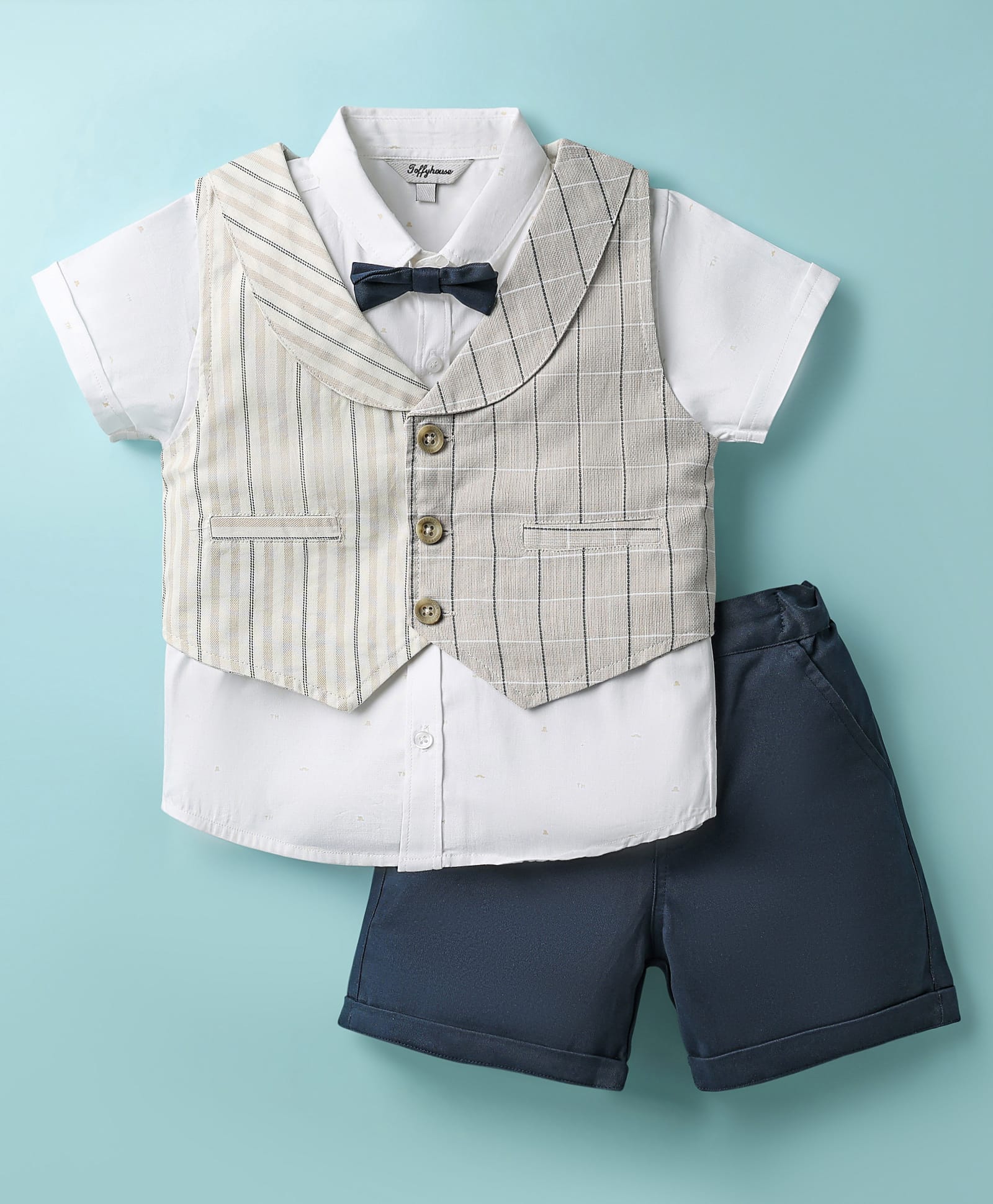 ToffyHouse Poplin Woven Half Sleeves 3 Piece Party Suit With Bow - Navy Blue & White-image-40