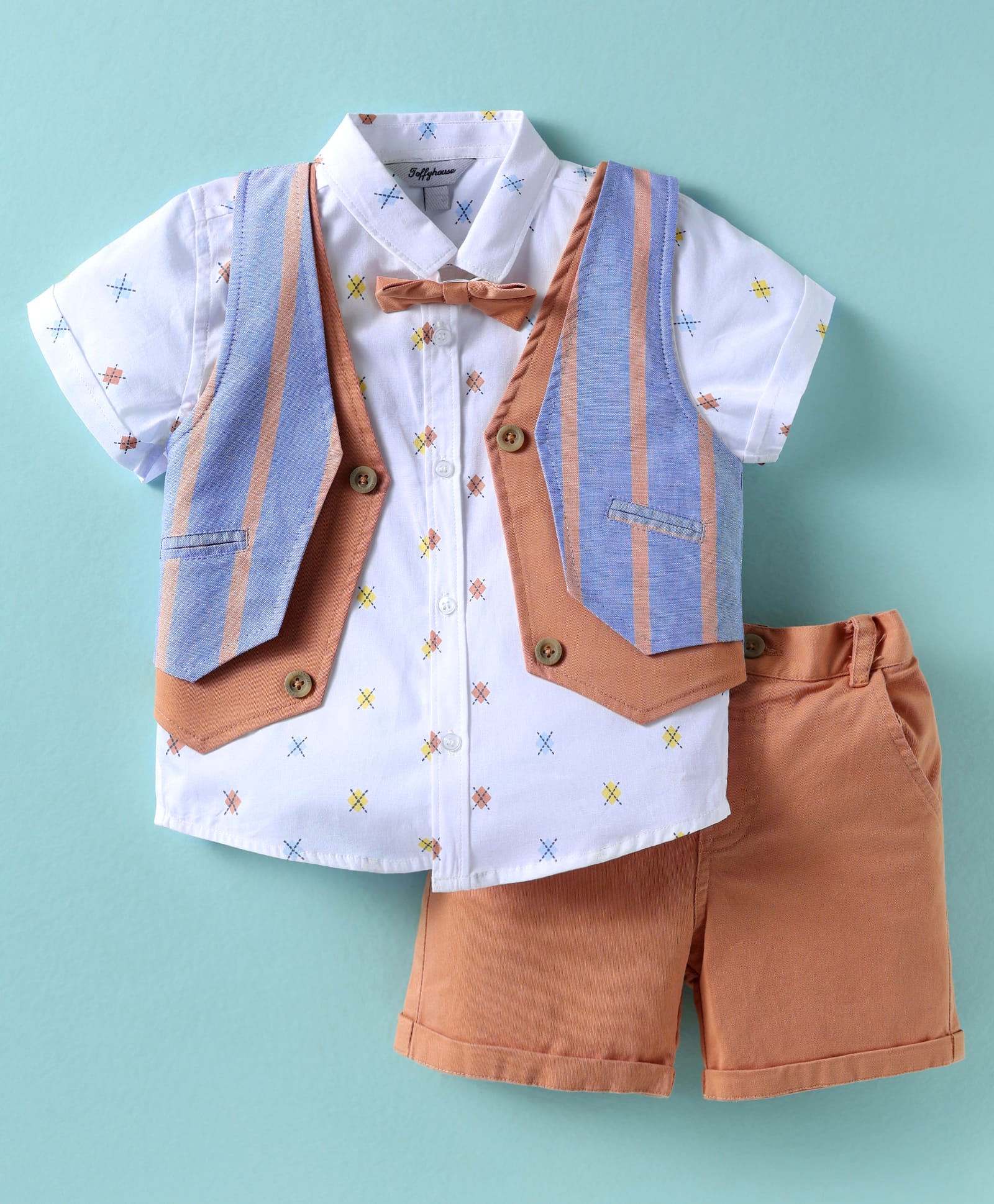 ToffyHouse Poplin Knit Half Sleeves Printed 3 Piece Party Suit With Bow - White & Rust Orange-image-23