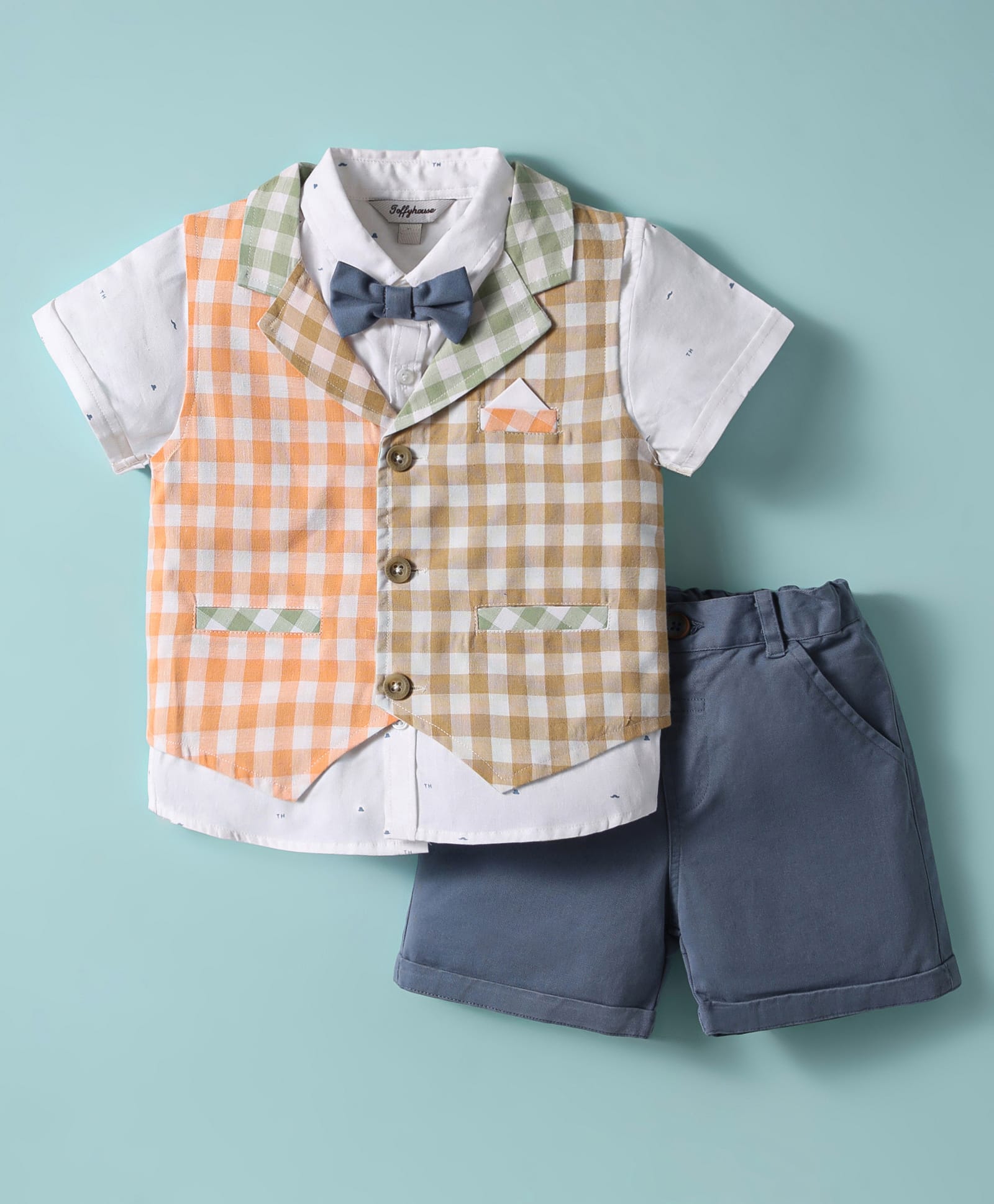 ToffyHouse Poplin Woven Half Sleeves 3 Piece Checkered Party Suit with Bow - Navy Blue-picture-28