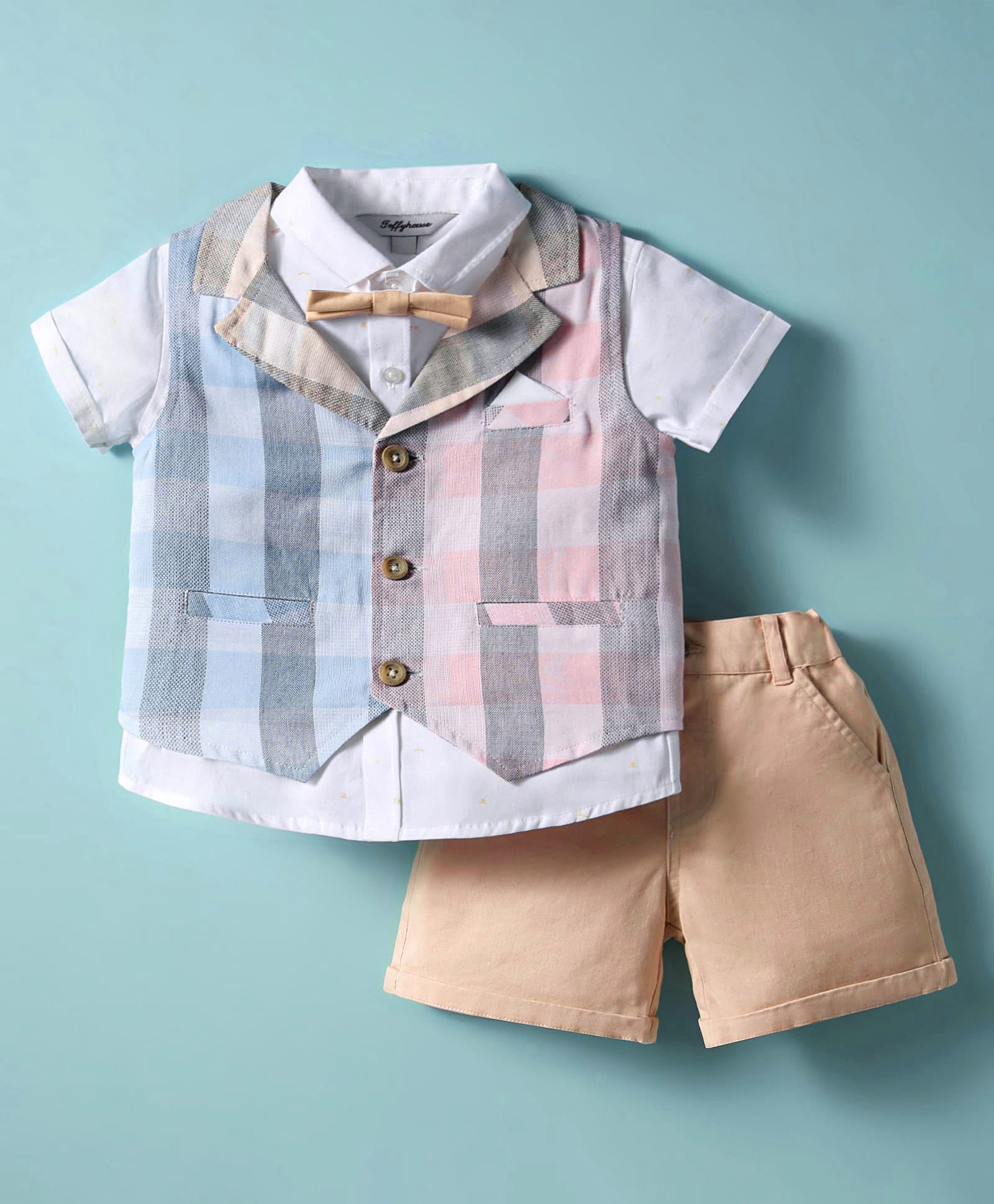 ToffyHouse Poplin Knit Half Sleeves Checks 3 Piece Party Suit With Bow - Multicolor-image-31