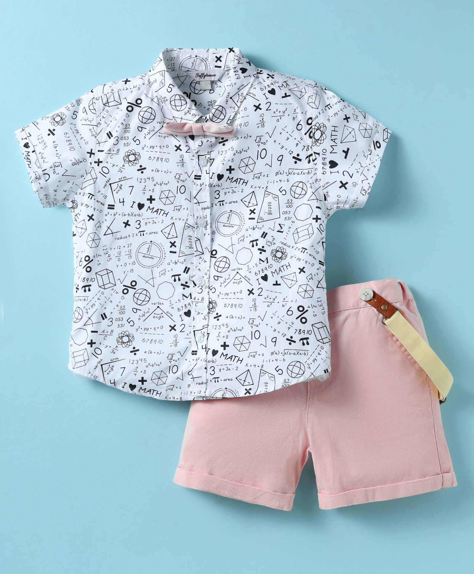 ToffyHouse Poplin Woven Half Sleeves Printed Shirt & Shorts With Bow & Suspender - White & Light Pink-image-34