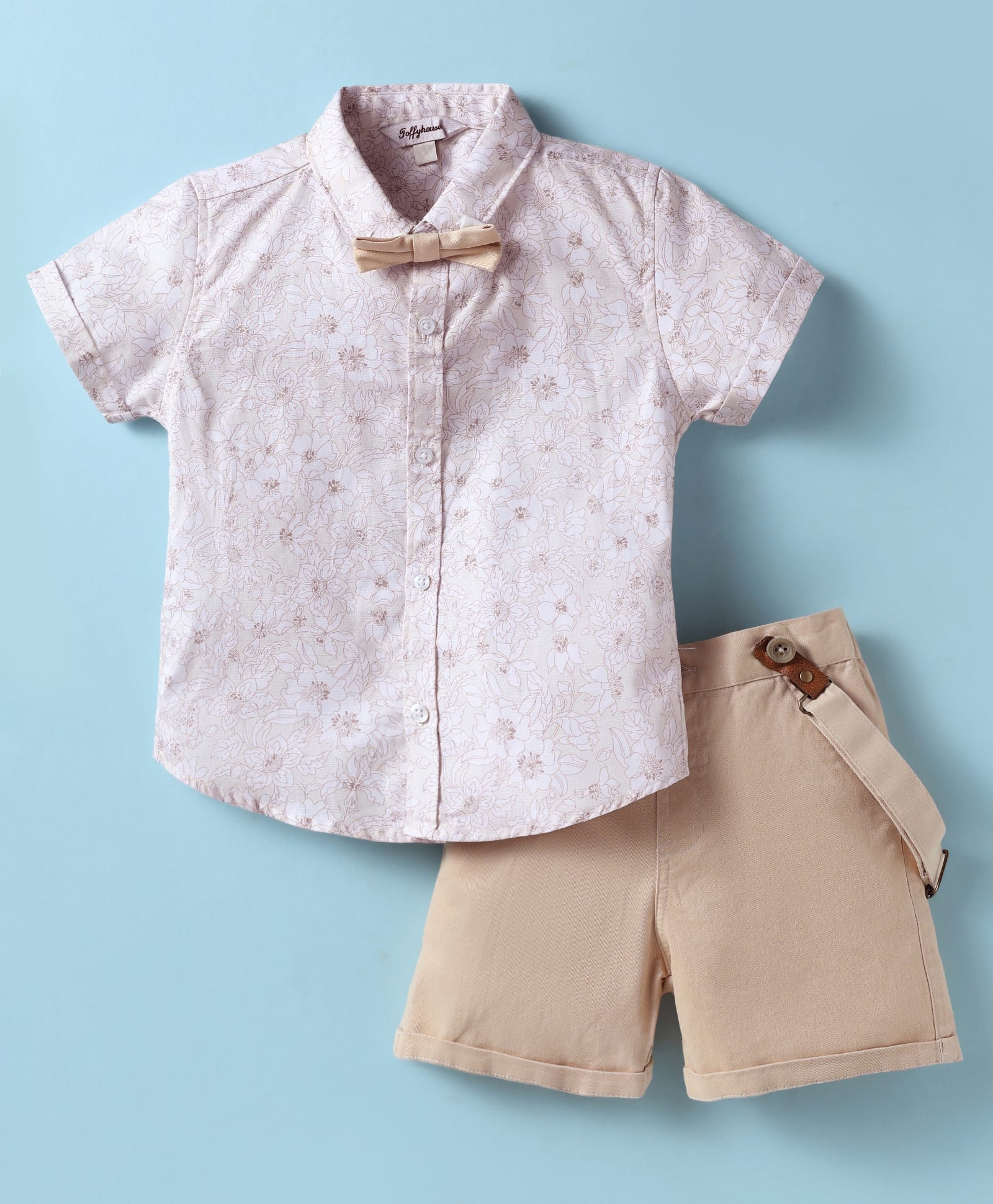 ToffyHouse Poplin Woven Half Sleeves Floral Printed Shirt & Shorts With Bow & Suspender - Light Pink & Khaki-image-26