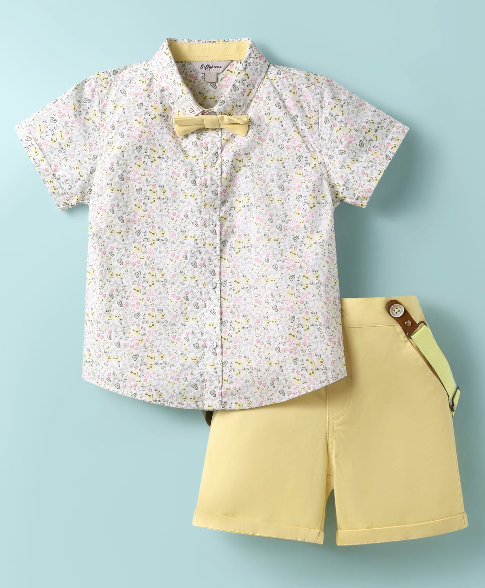 ToffyHouse Poplin Woven Half Sleeves Floral Printed Shirt & Shorts With Bow & Suspender - Yellow-picture-13