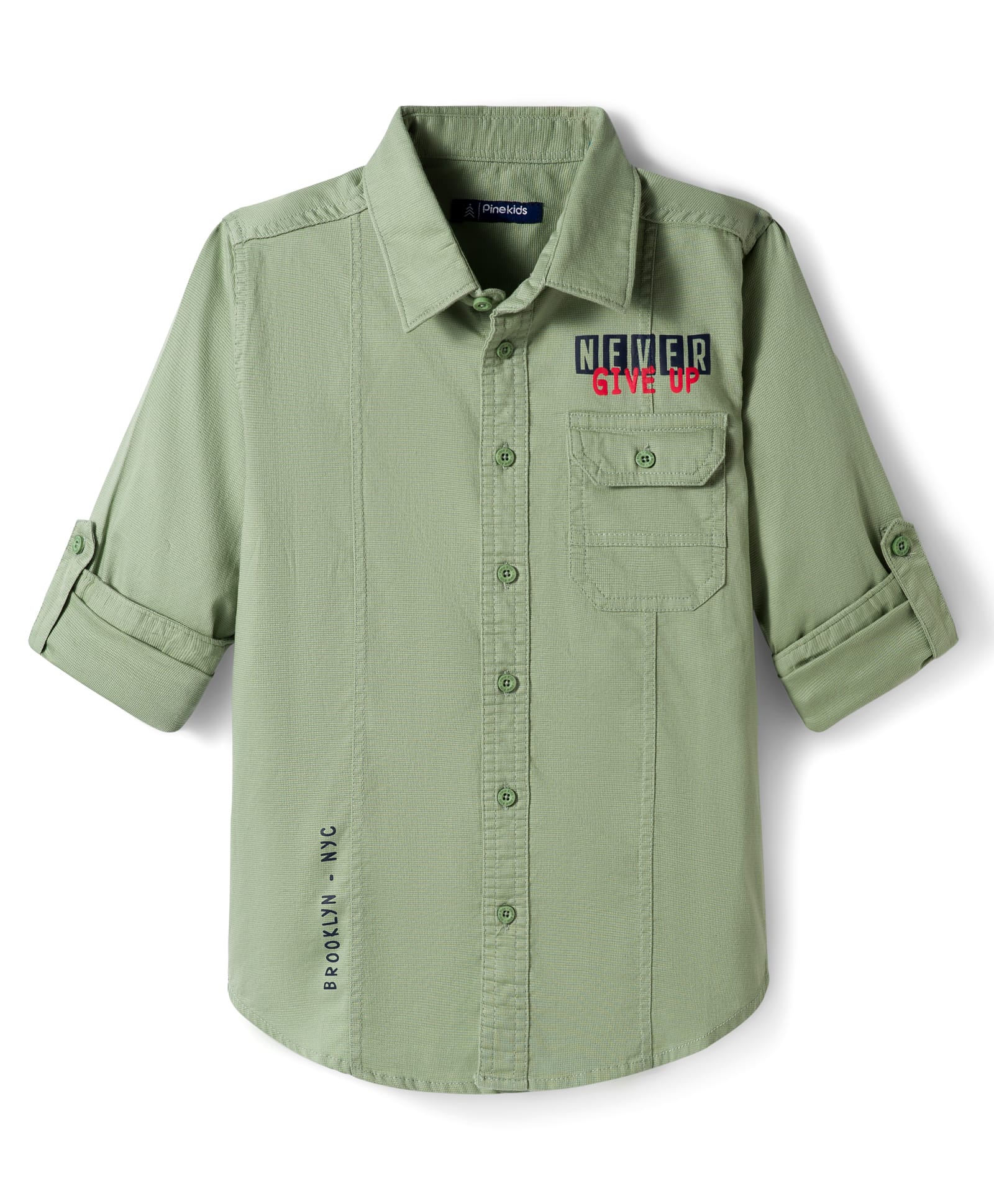 Pine Kids Cotton Woven Full Sleeves Shirt with Front Pocket & Text Print - Light Green-picture-26