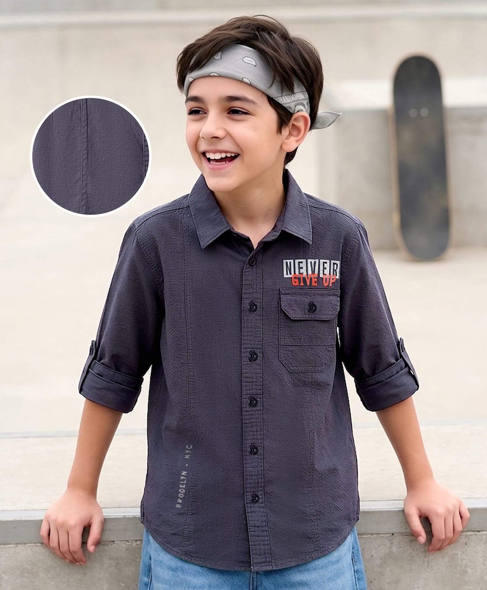 Pine Kids Cotton Woven Full Sleeves Shirt with Front Pocket & Text Print - Grey-picture-19