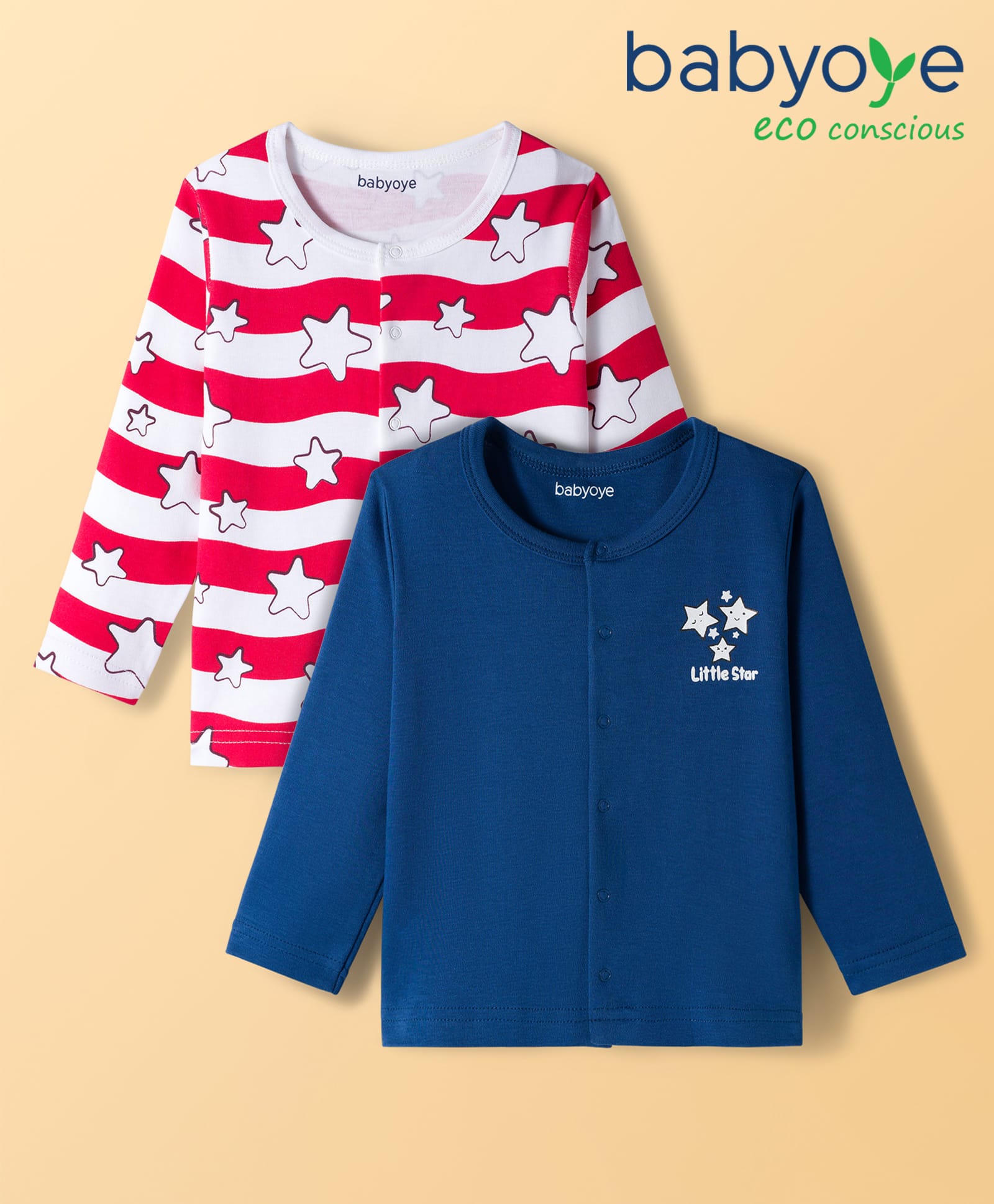 Babyoye 100% Cotton Knit Full Sleeves Jhablas with Star Print & Stripes Pack of 2 - Navy Blue & White-picture-39