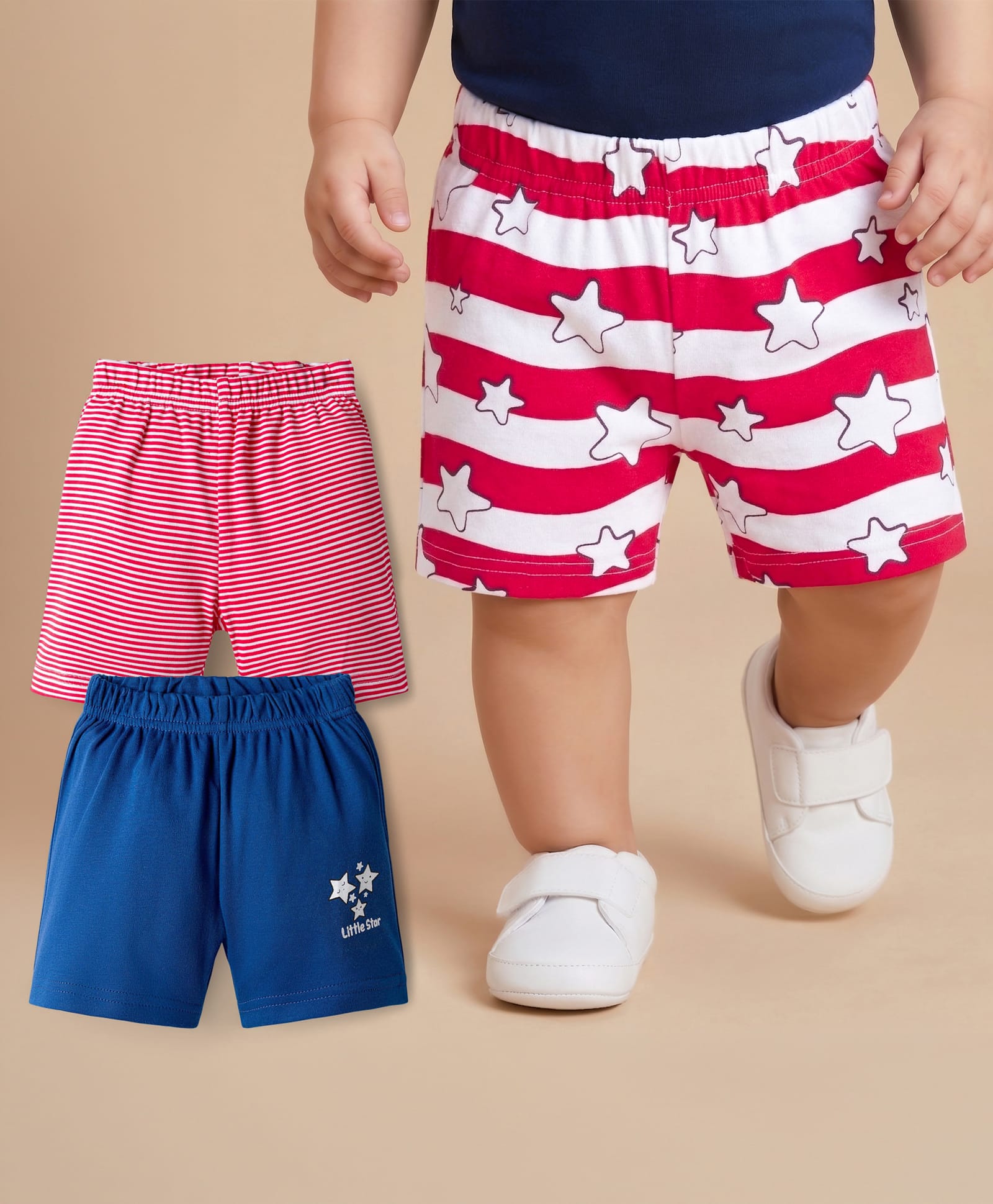 Babyoye 100% Cotton Interlock Knit Shorts With Stripes & Star Print Pack Of 3 - Navy Blue Pink & Red-image-33