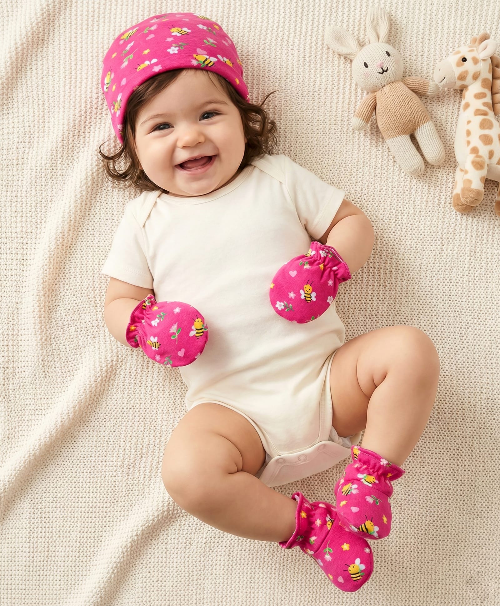 babyhug 100% cotton interlock knit cap mittens & booties set with floral print pink - diameter 28 cm