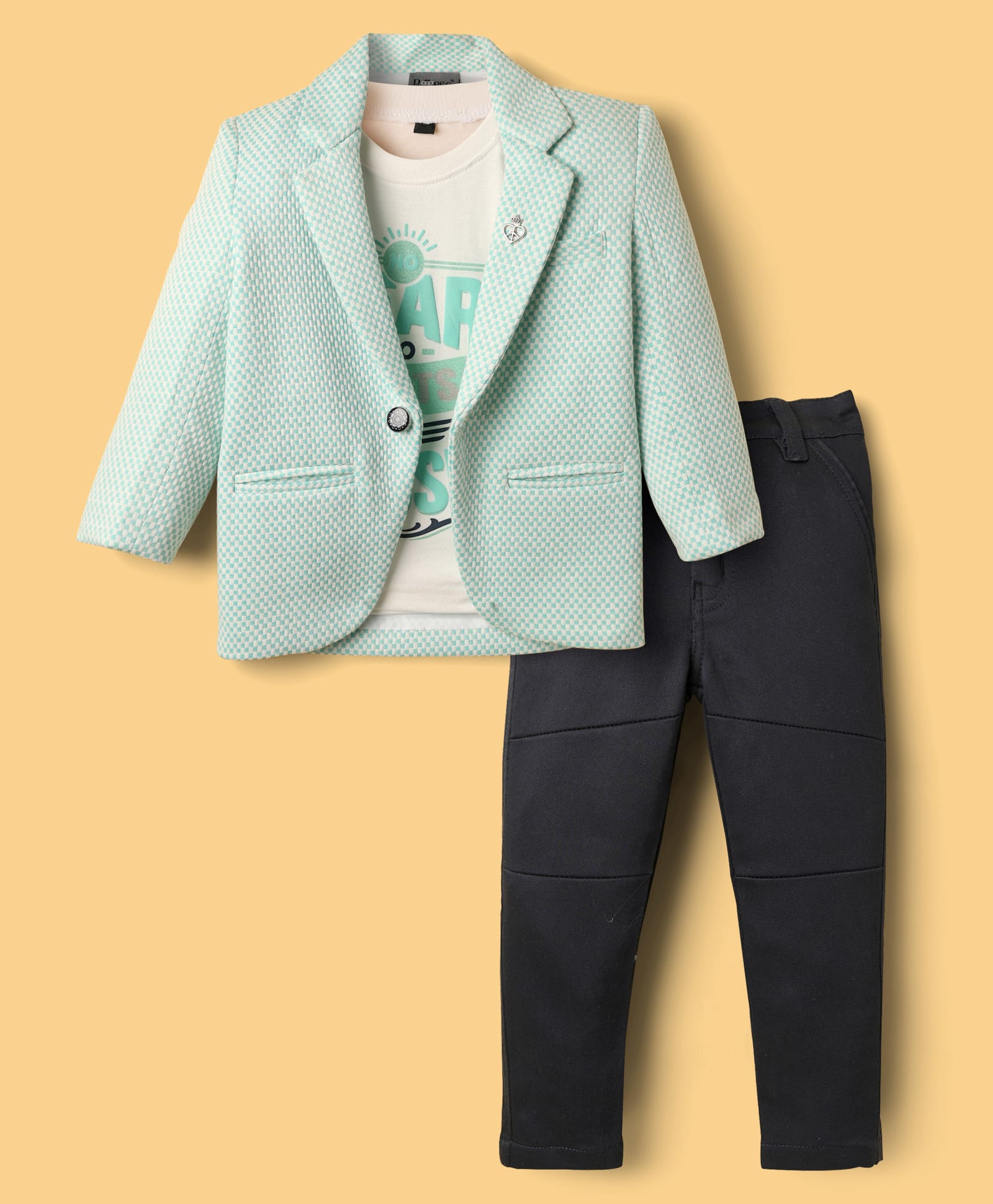 Dapper Dudes Full Sleeves Textured Checked Blazer With Typography Printed Tee & Pant Set - Sea Green-image-33