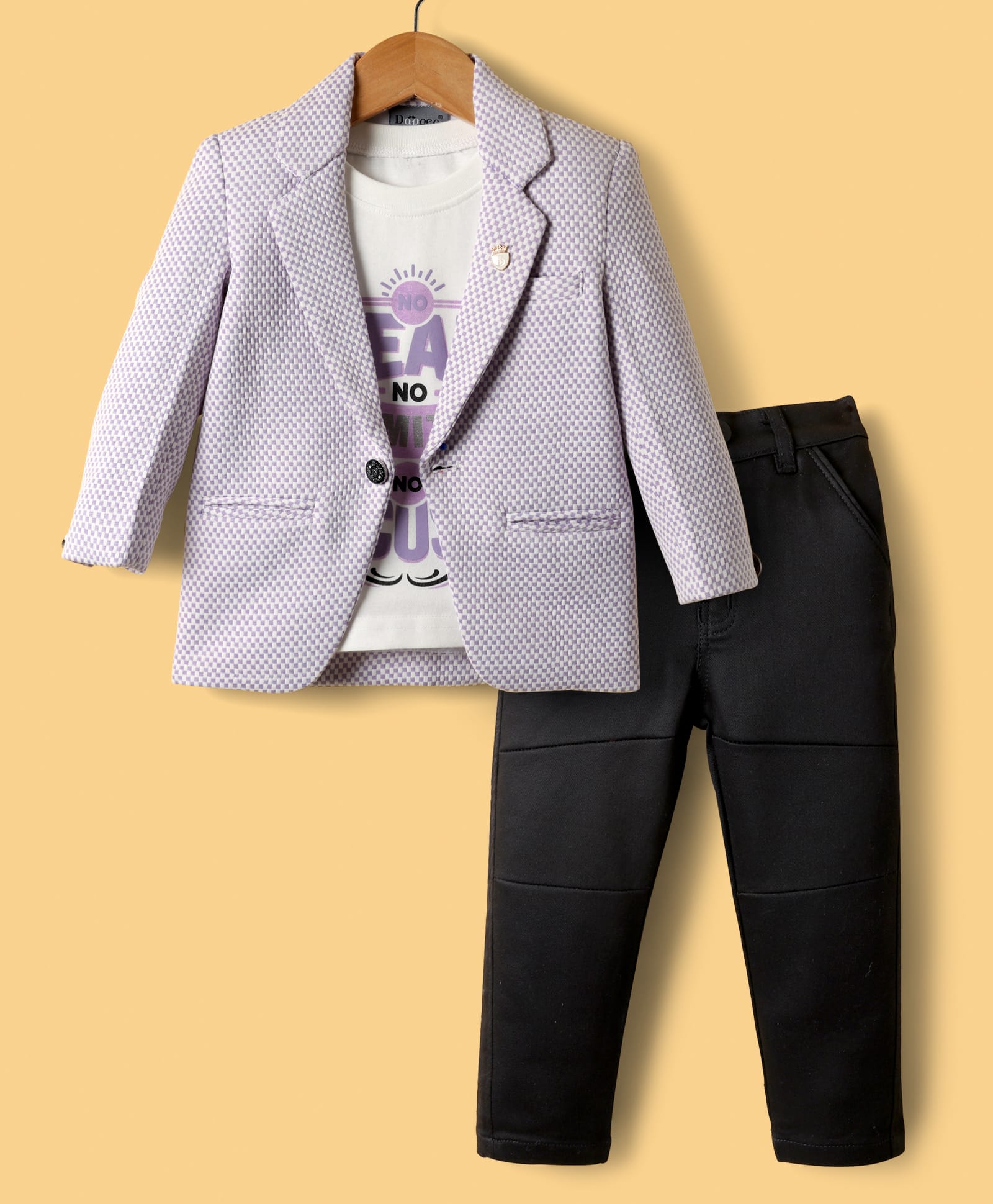 Dapper Dudes Full Sleeves Textured Checked Blazer With Typography Printed Tee & Pant Set - Lavender-image-35