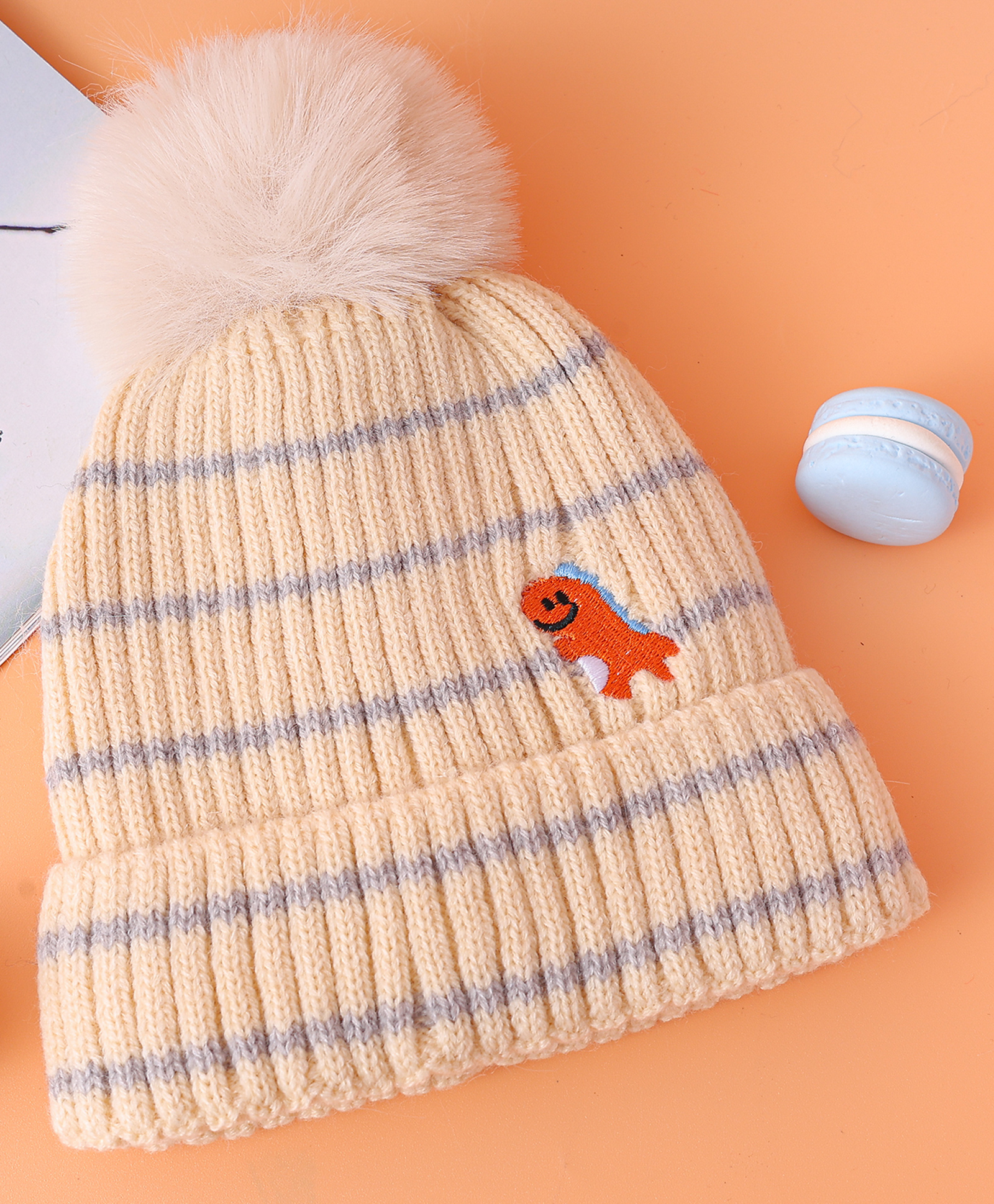 Babyhug Woollen Cap With Dino Embroidery Beige - Diameter 15.5 cm-image-0