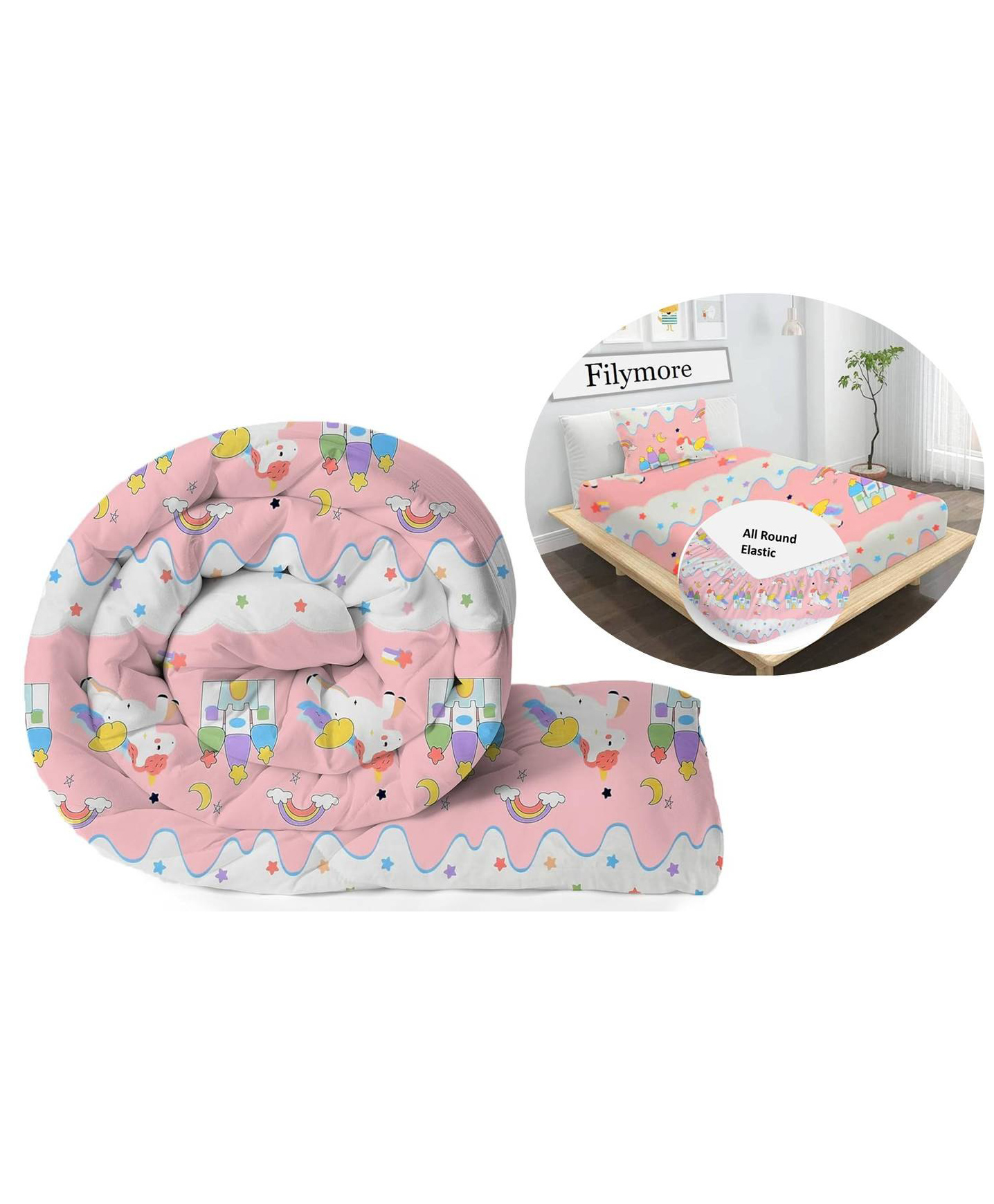 Filymore star unicorn Elastic Fitted 3-Piece Kids Bedding Set Single Bed Comforter with Matching Fitted Single Bedsheet & Pillow Cover Soft Design for Children's Room(90X60 inch) (Peach)-image-49