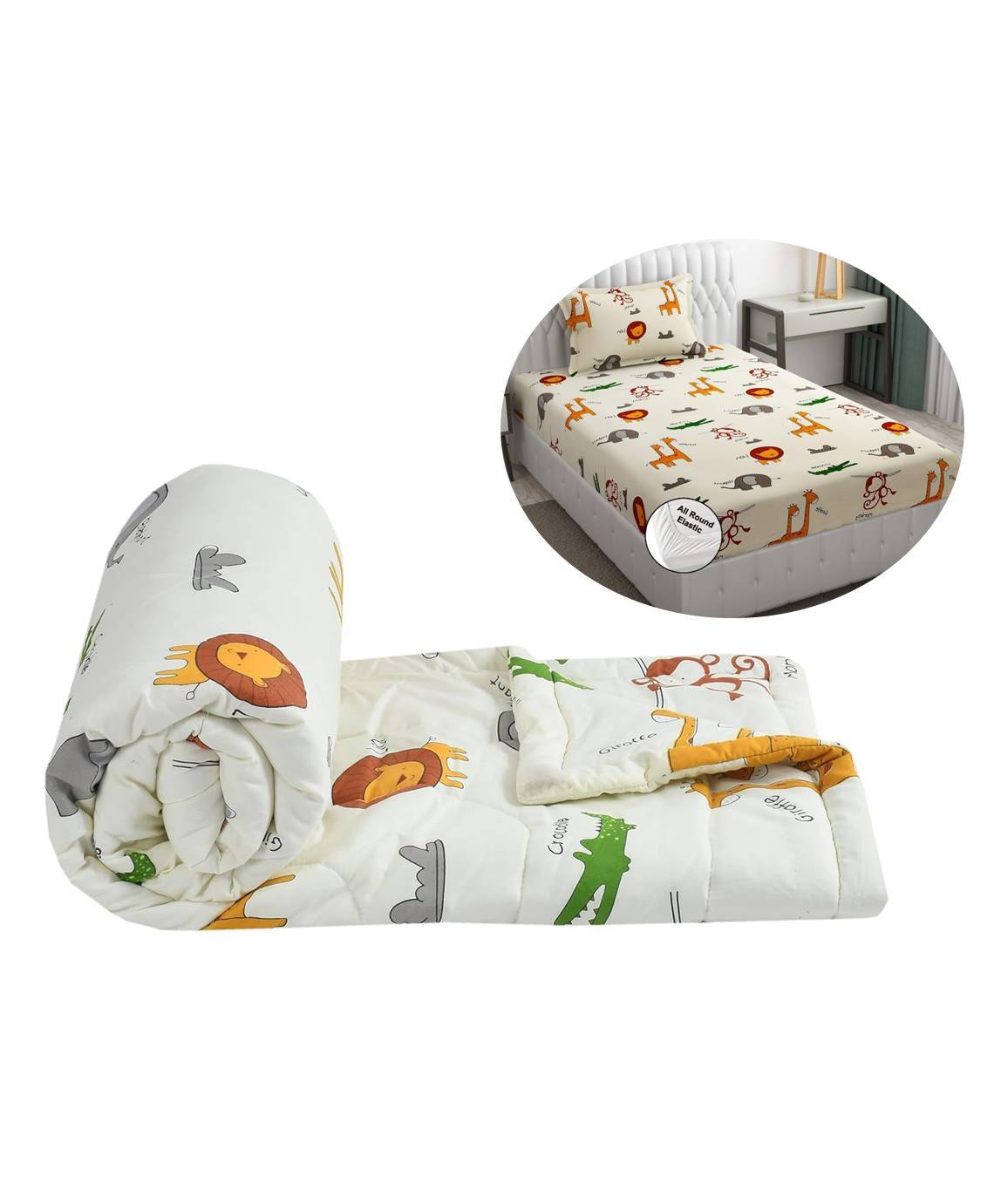 Filymore Animal Print Elastic Fitted bedsheet for Single Bed 240 TC Made with Pure Microfiber 1 bedsheet and 1 Pillow Covers (Size 72x36 inches) fit up to 6 inches Mattress(Colour-Offwhite)-image-6