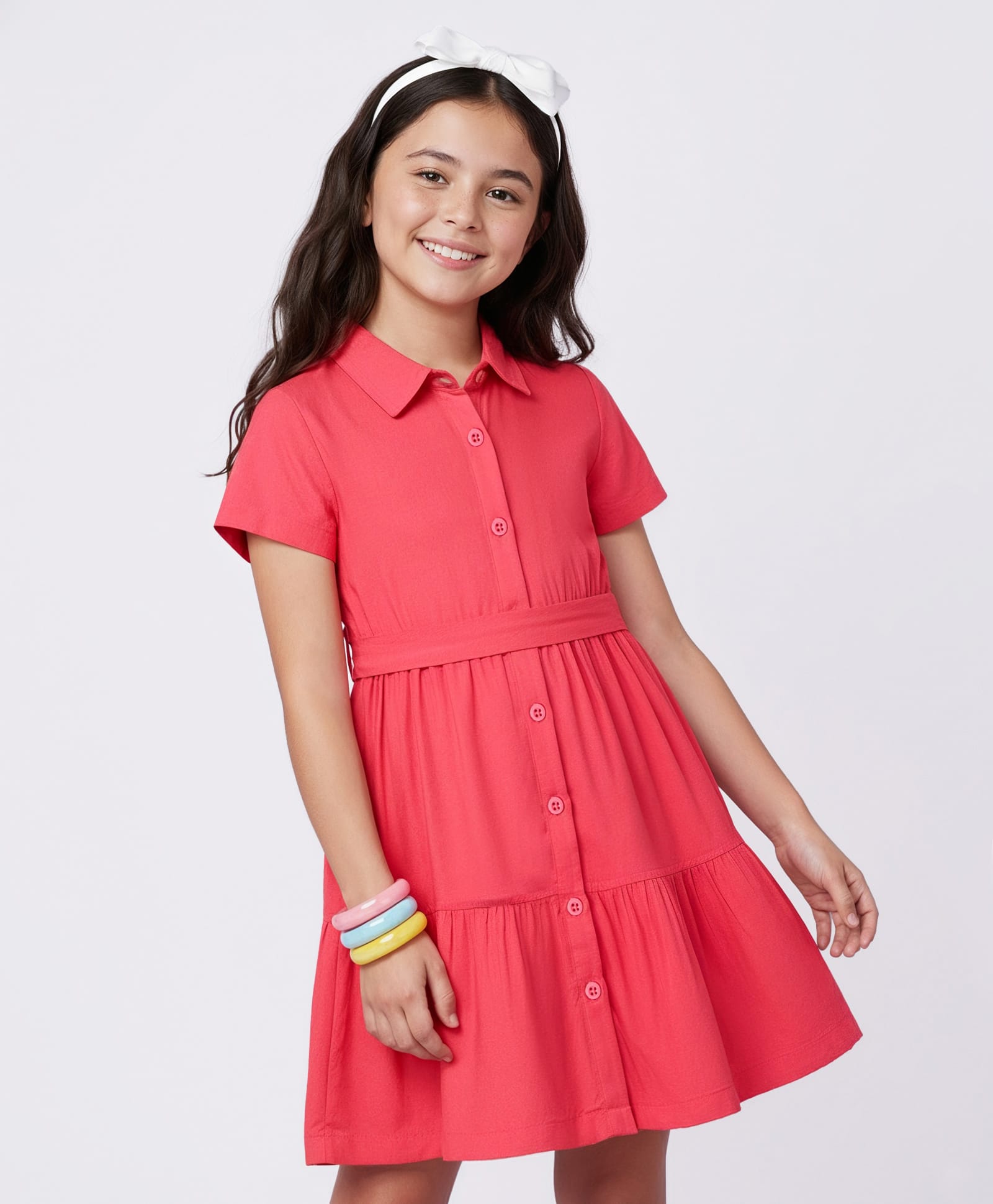 Pine Kids Twill Woven Half Sleeves Solid Colour Shirt Dress With Collar - Red-picture-27