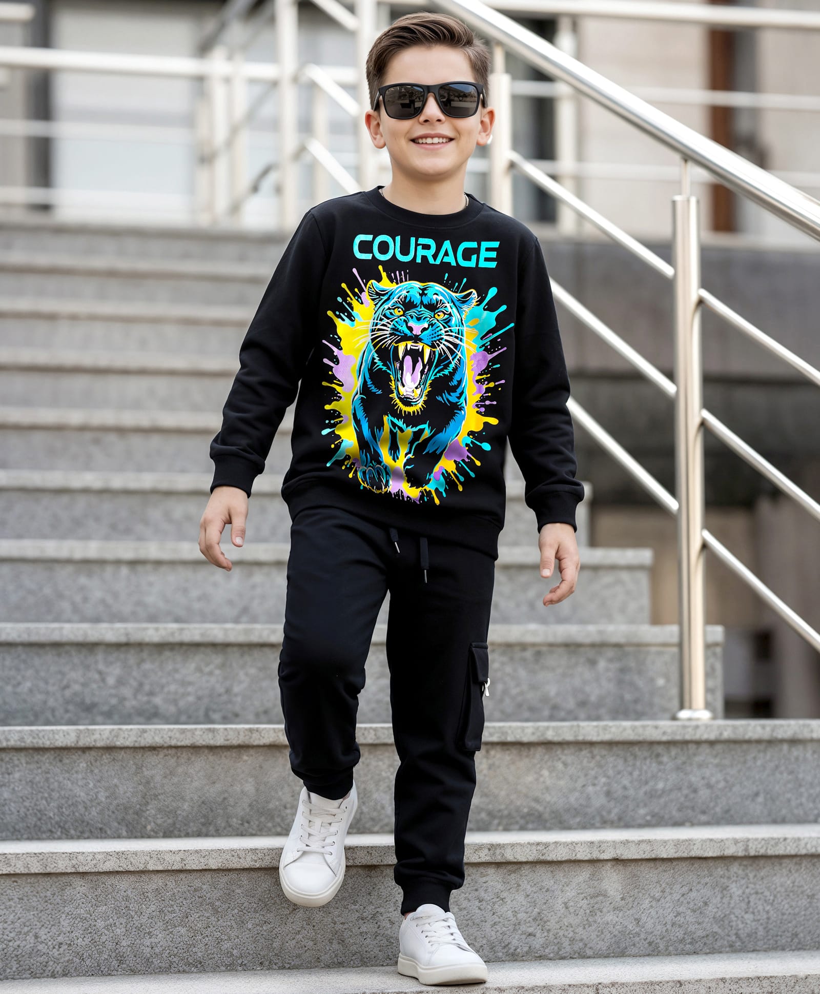 OLLINGTON ST. Cotton Full Sleeves Sweatshirt With Tiger Print & Knit Joggers Set - Black-image-18