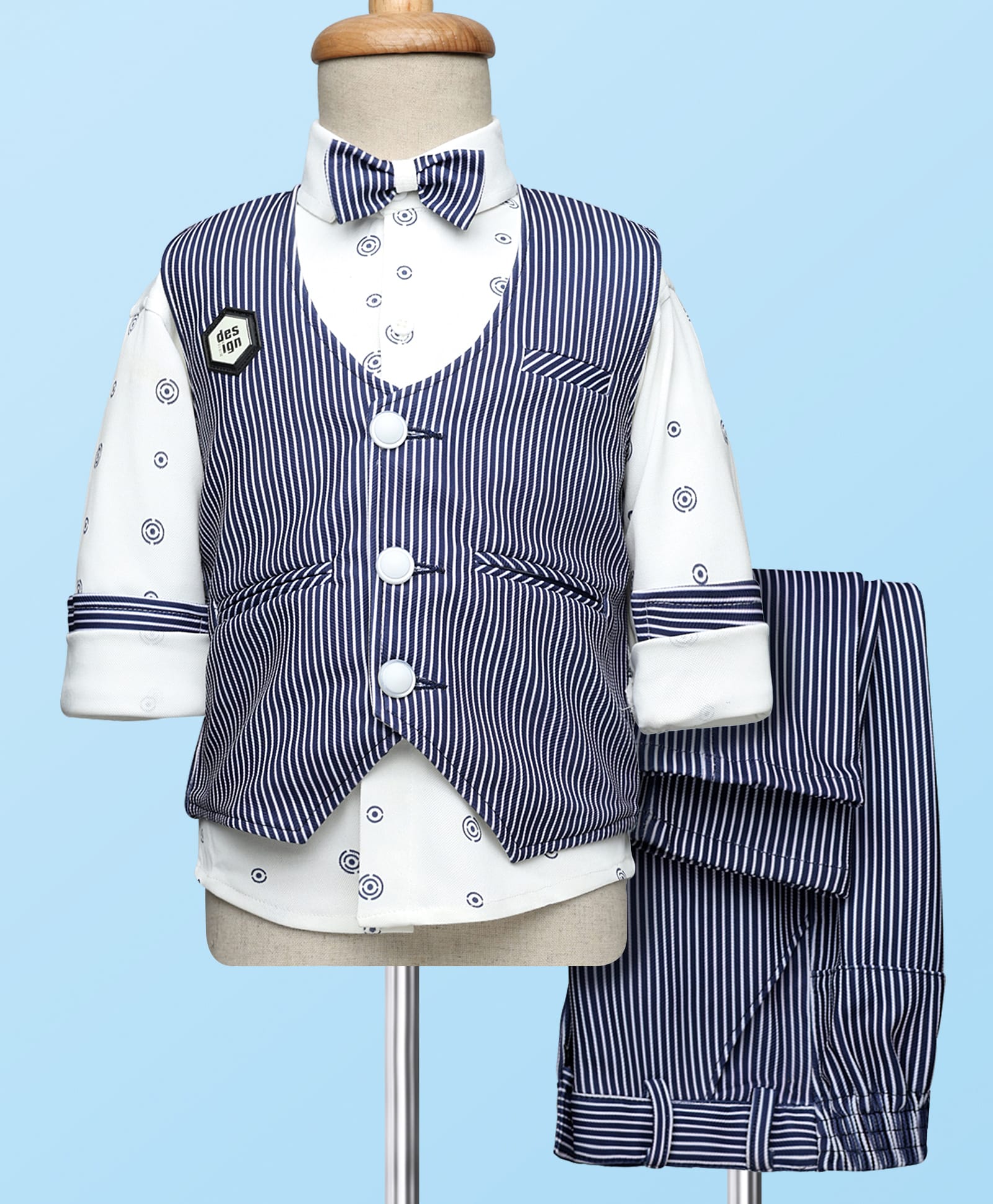Radutu Full Sleeves Striped & Abstract Printed 3 Piece Party Suit With Bow Set - Blue & White-picture-28