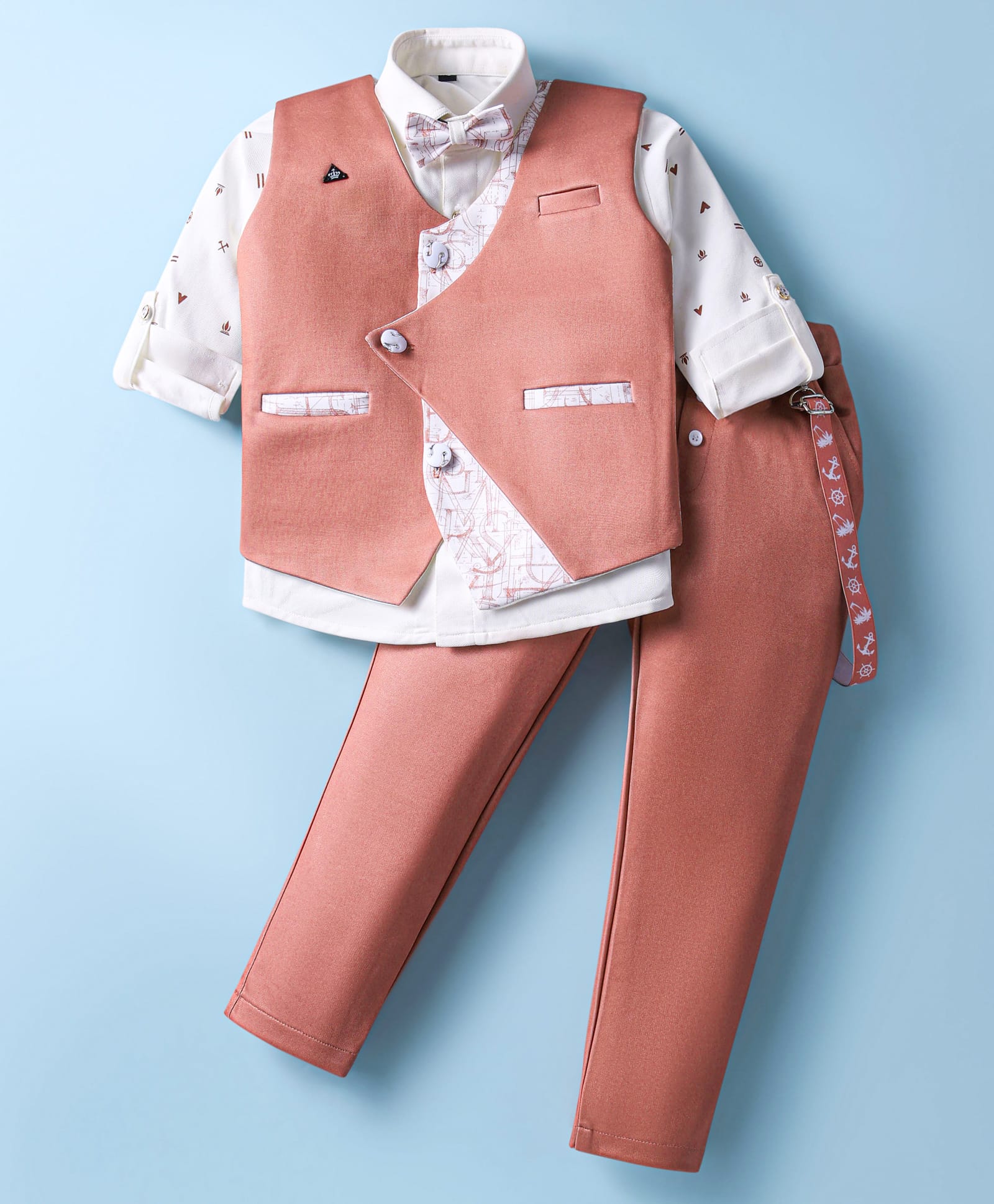 Radutu Full Sleeves Alphabets Printed 3 Piece Party Suit With Bow & Suspender Set - Light Brown & White-image-21