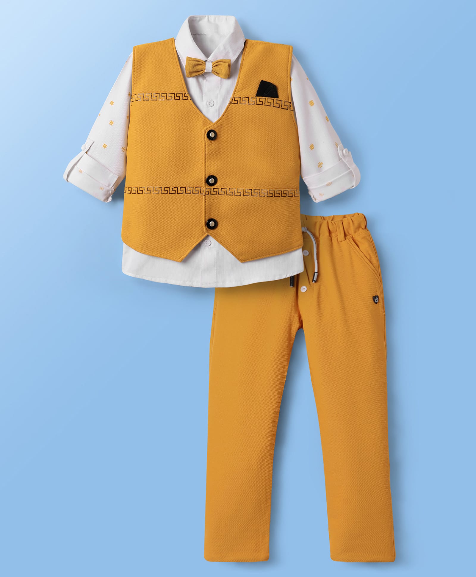 Radutu Full Sleeves Chevron Textured 3 Piece Party Suit Set With Bow Set - Mustard & White-image-27