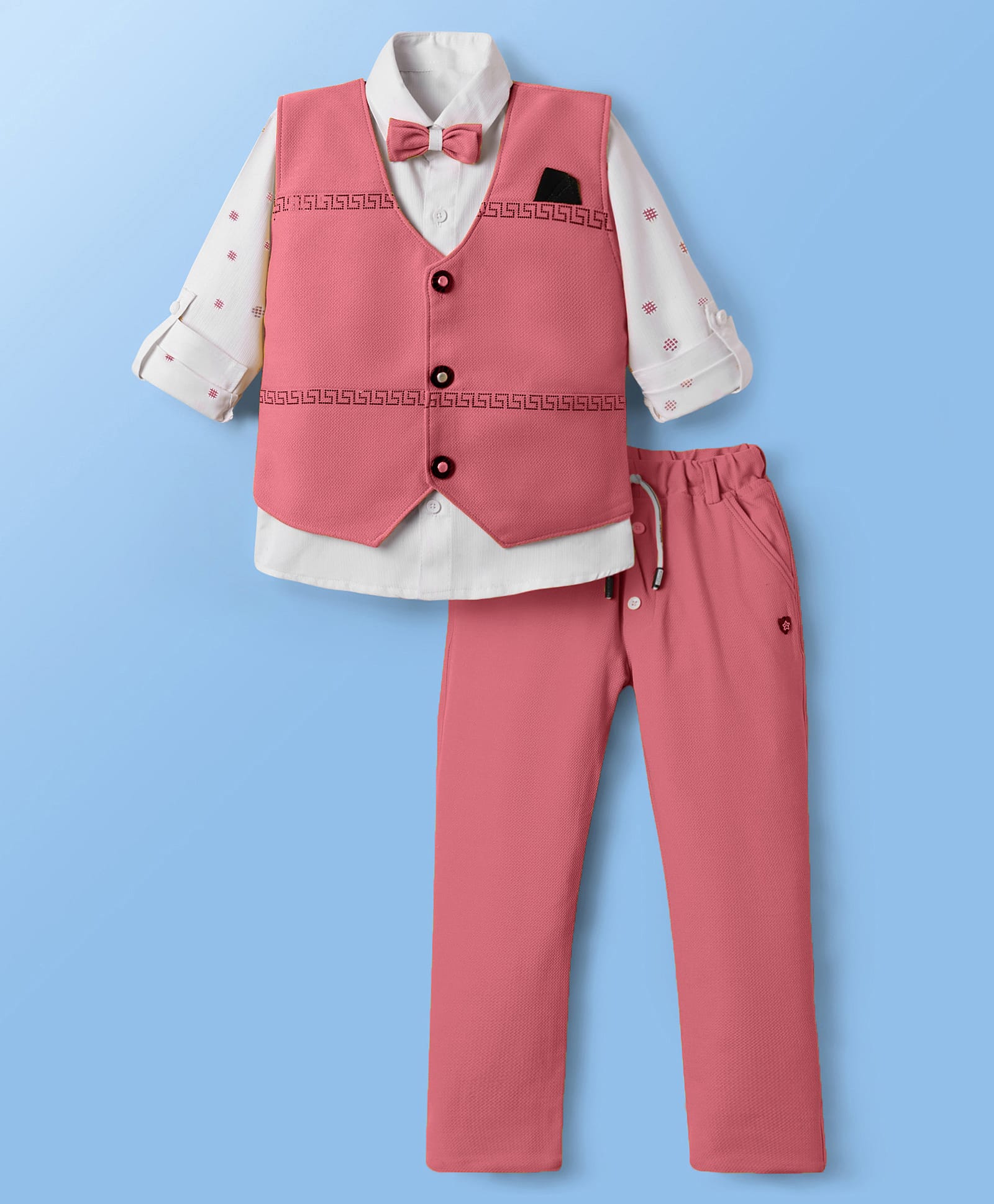 Radutu Full Sleeves Chevron Textured 3 Piece Party Suit Set With Bow Set - Dusty Pink & White-picture-37