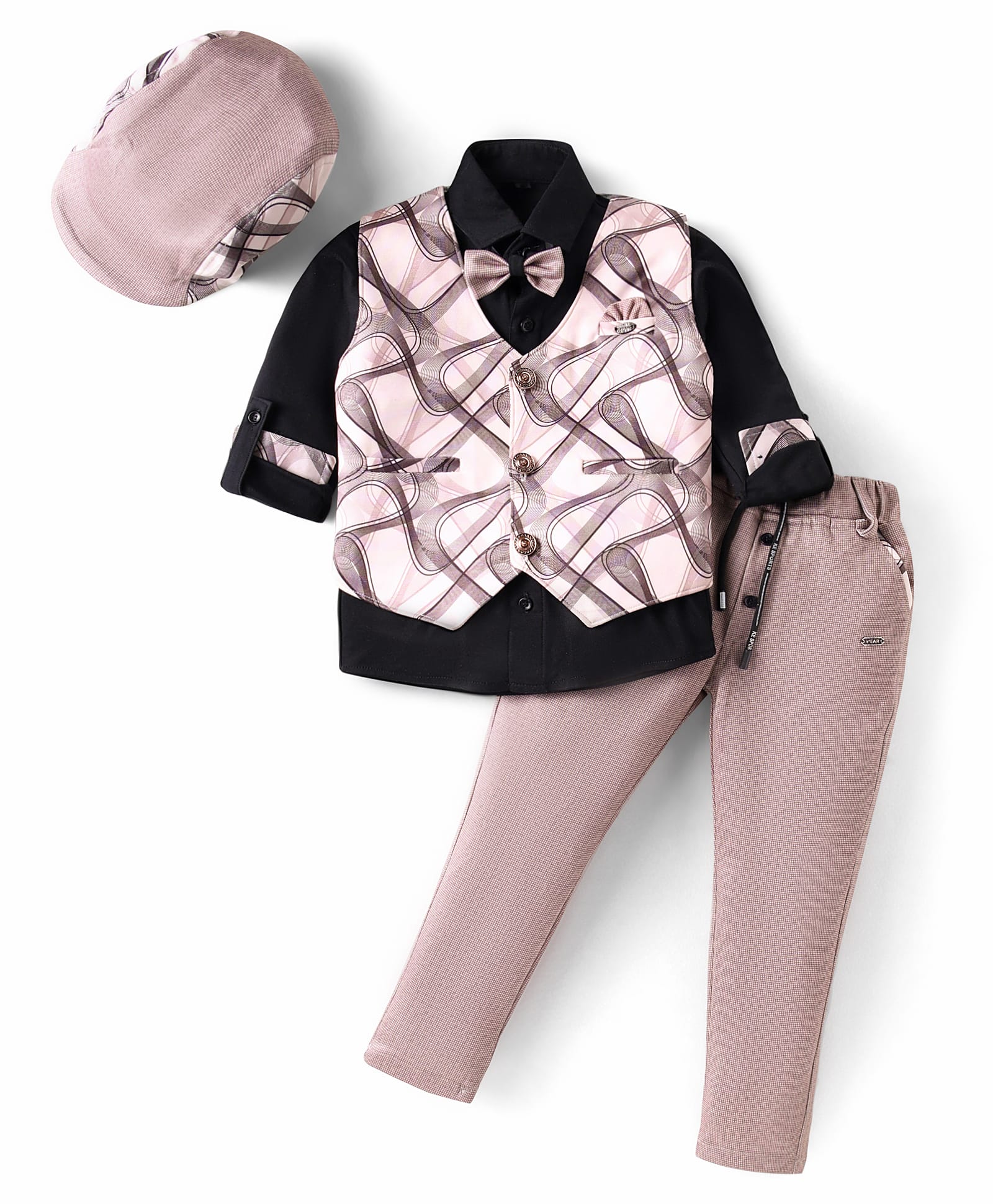 Radutu Full Sleeves Abstract Printed 3 Piece Party Suit With Cap & Bow Set - Light Peach & Black-picture-29
