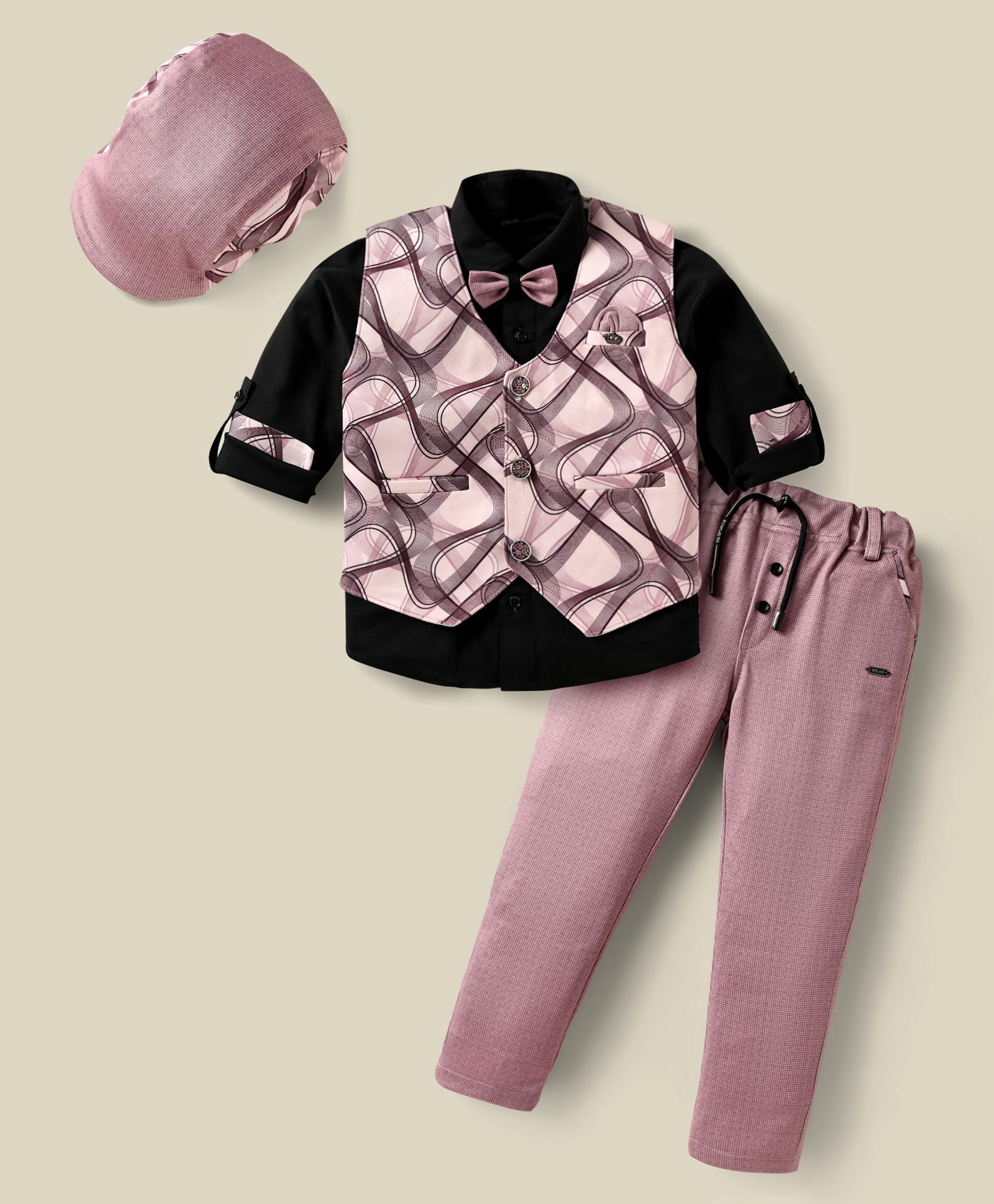 Radutu Full Sleeves Abstract Printed 3 Piece Party Suit Set With Bow & Cap Set - Onion Pink & Black-picture-22
