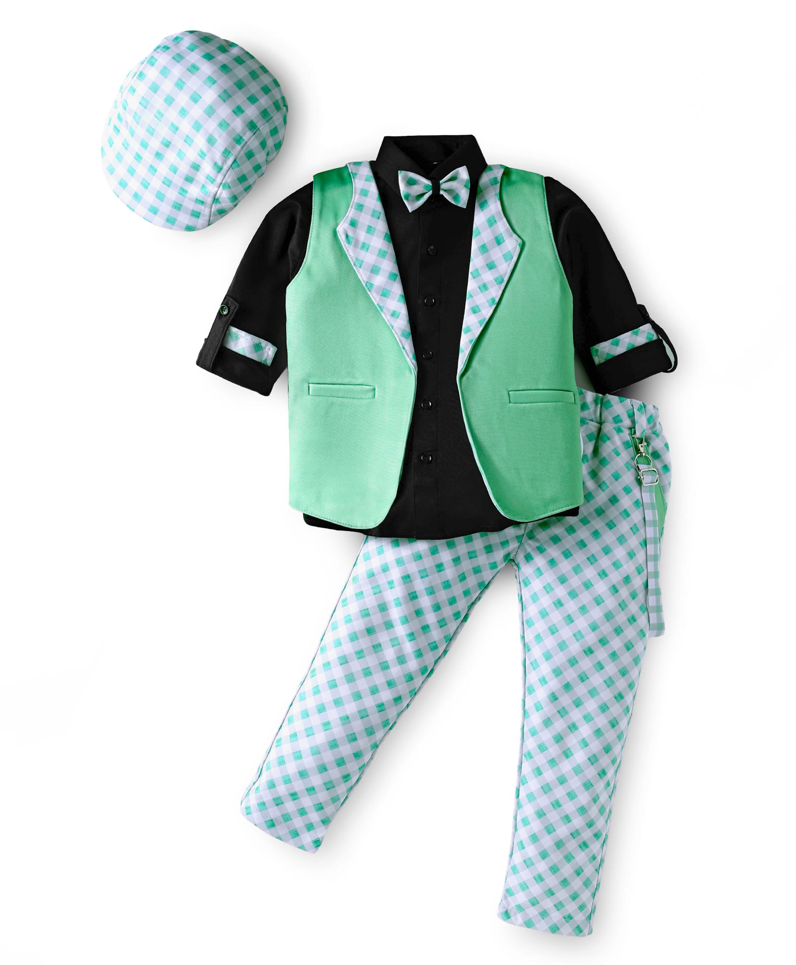 Radutu Full Sleeves Solid Shirt With Checked Waistcoat With Pant Cap & Bow Set - Pista & Black-picture-46
